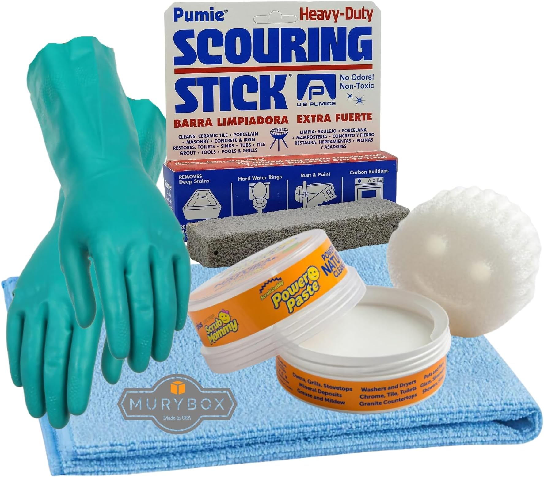 Scrub Daddy Power Paste with ScrubMommy, Cleaning Paste Bundle with Pumie Scouring Stick, Household Gloves, Microfiber Towel 16x16in + MB Sticker | All Purpose Cleaning Kit - 4 Pack