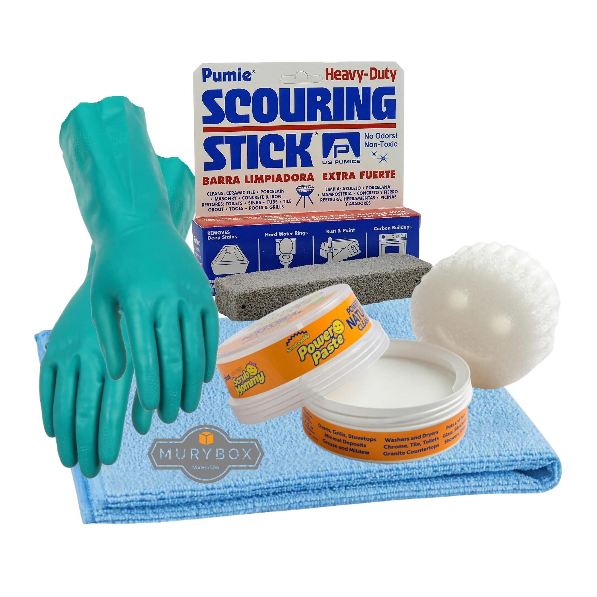 Scrub Daddy Power Paste with ScrubMommy, Cleaning Paste Bundle with Pumie Scouring Stick, Household Gloves, Microfiber Towel 16x16in + MB Sticker | All Purpose Cleaning Kit - 4 Pack