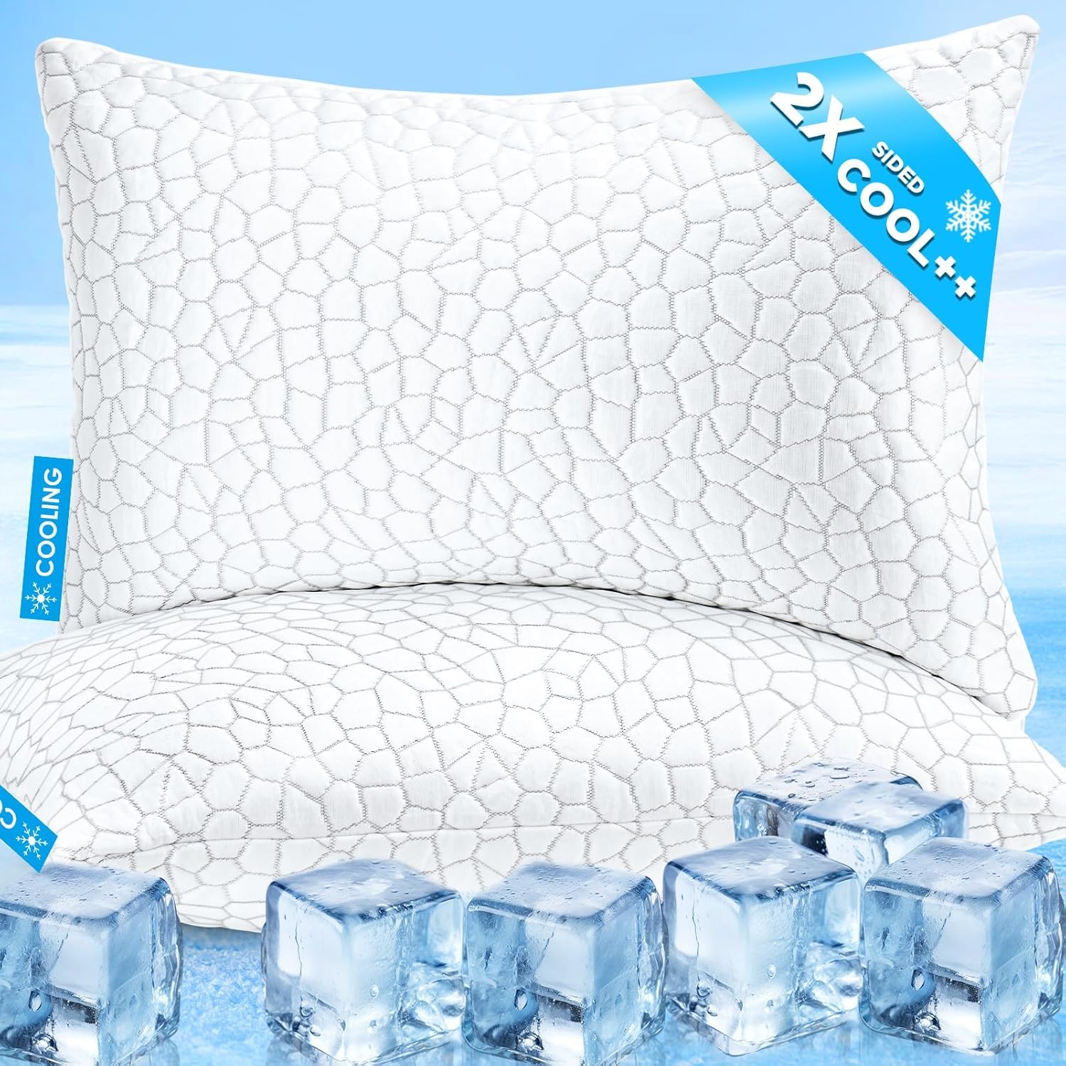 cooling pillows queen size set of 2 shredded memory foam pillows for side back stomach sleepers, two-sided cool adjustable firm or soft bed pillow luxury gel neck pillow for neck shoulder pain relie