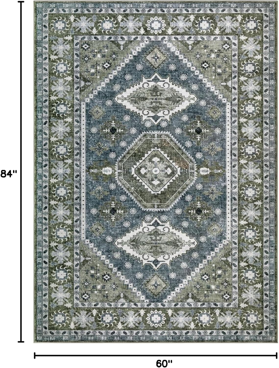 5x7 Washable Boho Area Rug,Dark Green Blue Vintage Distressed Living Room Bedroom Rug,Stain Resistant with Non Slip Rubber Back Accent Floor Carpet