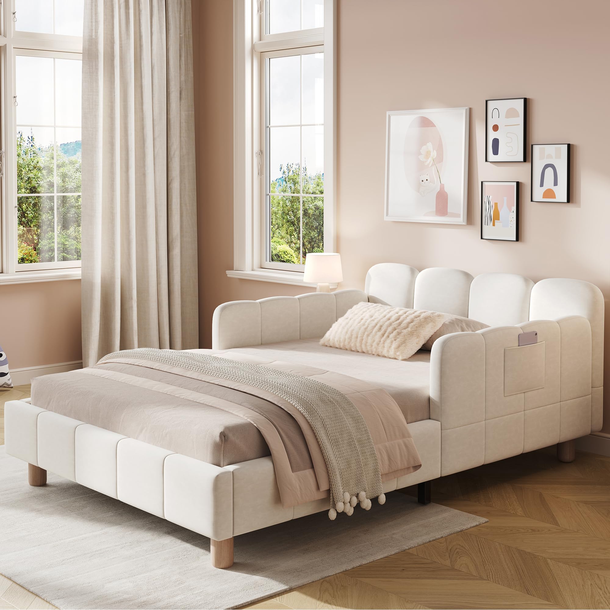 Merax 3ft Single Bed Frame, Upholstered Bed with Adjustable Safety Rail, Velvet Children's Bed Frame with Solid Wood Legs, Beige, 90x190cm, No Mattress