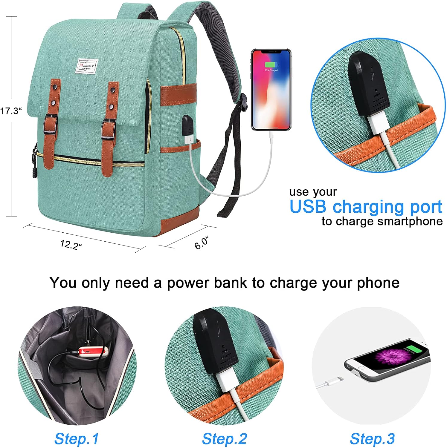 Modoker Laptop Backpack 17 Inch with USB Charging Port, Water Resistant Slim Travel Backpack Vintage Business School College Bag Gifts for Women Men in Green : Electronics