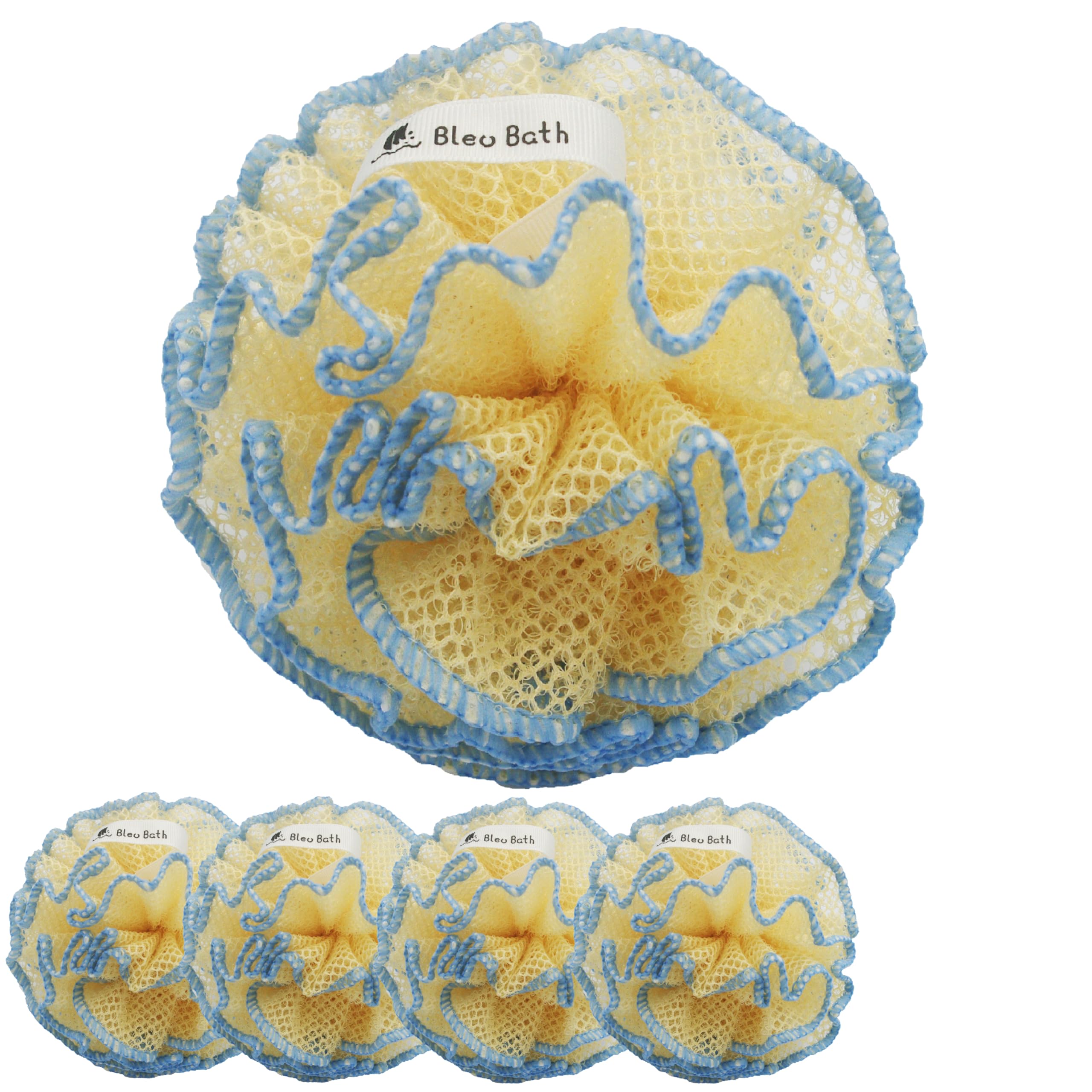 Bleu Bath (4 Pack) Exfoliating Body Scrubber Puff Deep Cleaning Sturdy Bath Loofah Mesh Sponge in Rough with Rich Bubbles for Men and Women