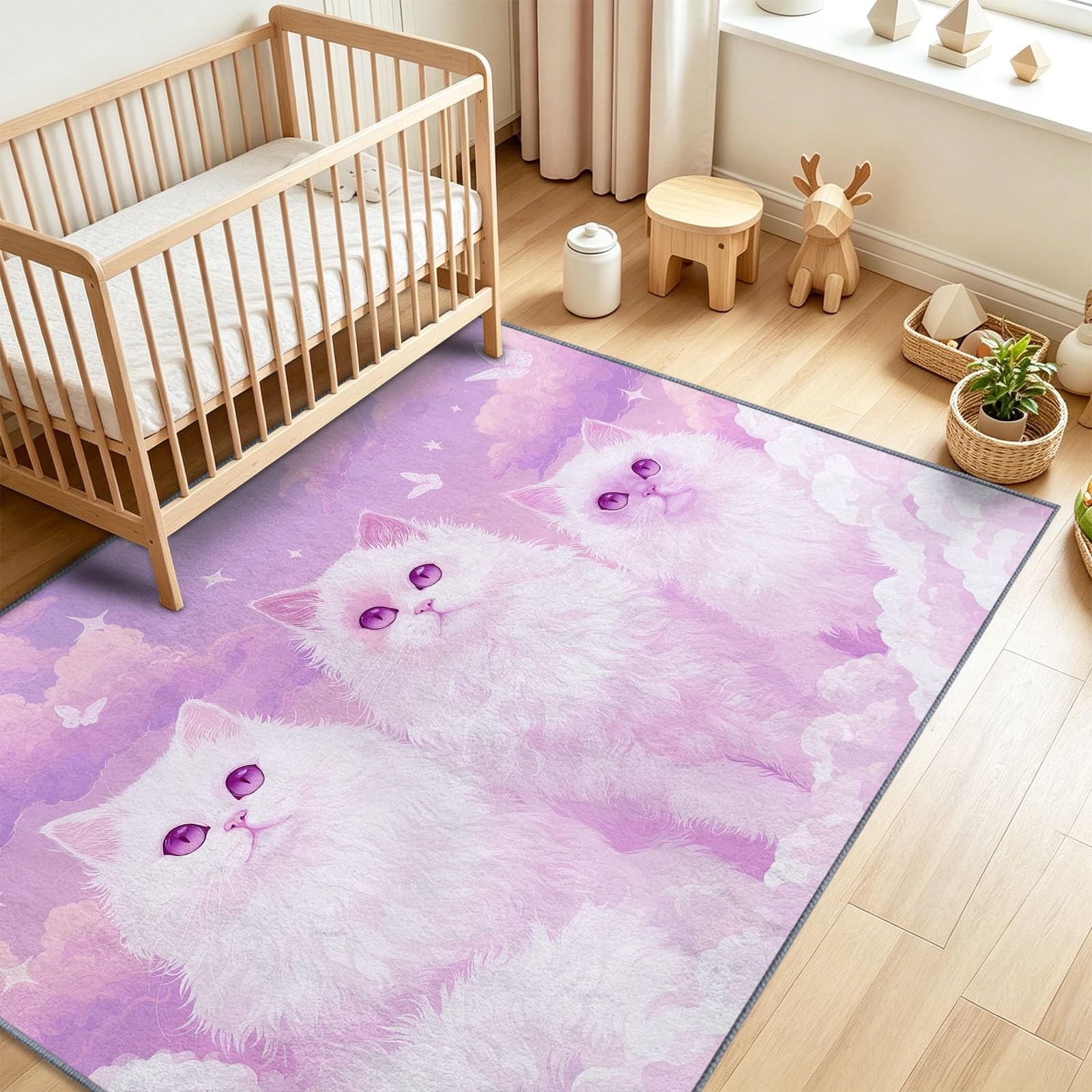 Tappeto antiscivolo a pelo corto per soggiorno, camera da letto, cameretta dei bambini, 180 x 240 cm, lavabile, morbido, motivo gatto viola, nuvola e farfalle