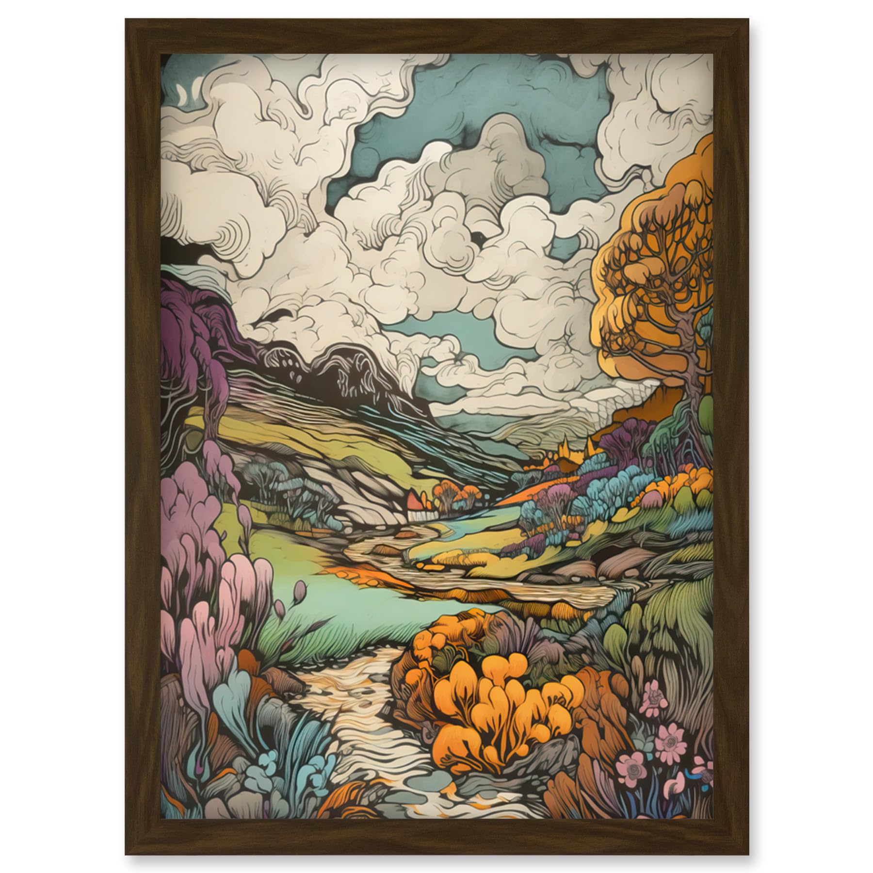 Artery8 Meadow River Multicoloured Landscape Illustration Artwork Framed Wall Art Print A4