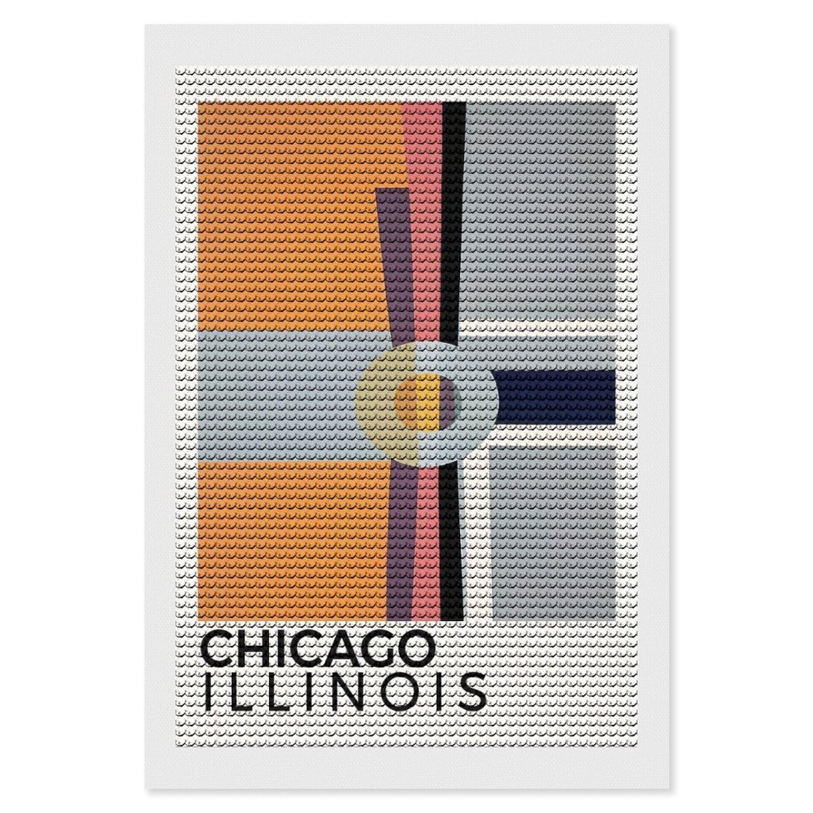 Junmoney Chicago Illinois Diamond Painting Canvas Set 8"x12", Easy to Enjoy, Adhesive Canvas, Office Decor, Holiday Gift Idea, with Tool Kit