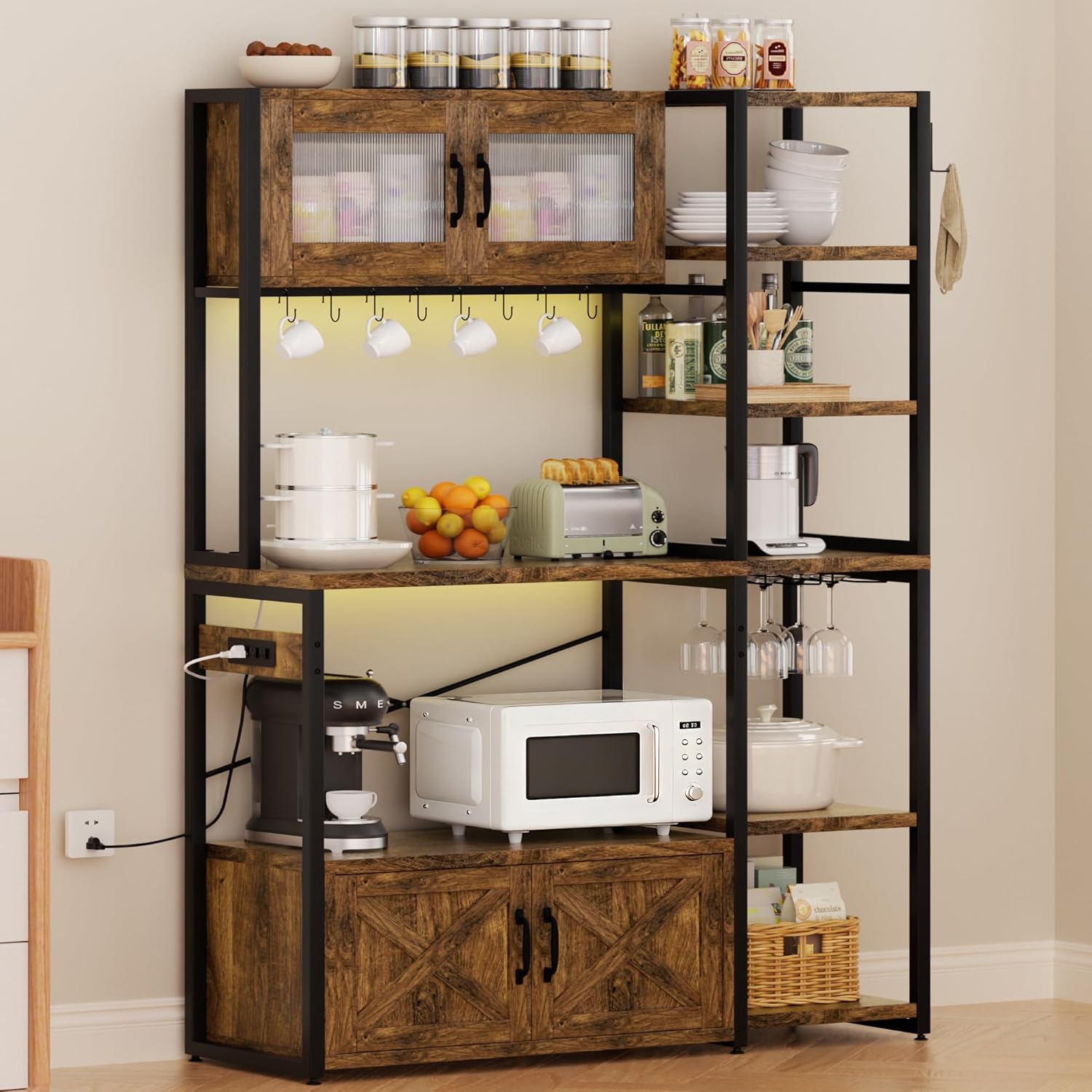 45.3” Bakers Rack with 2 Storage Cabinets, Farmhouse Coffee Bar Station W/Power Outlet & LED Light, Industrial Kitchen Microwave Stand with Shelves, 8 Metal Hooks, Rustic Brown