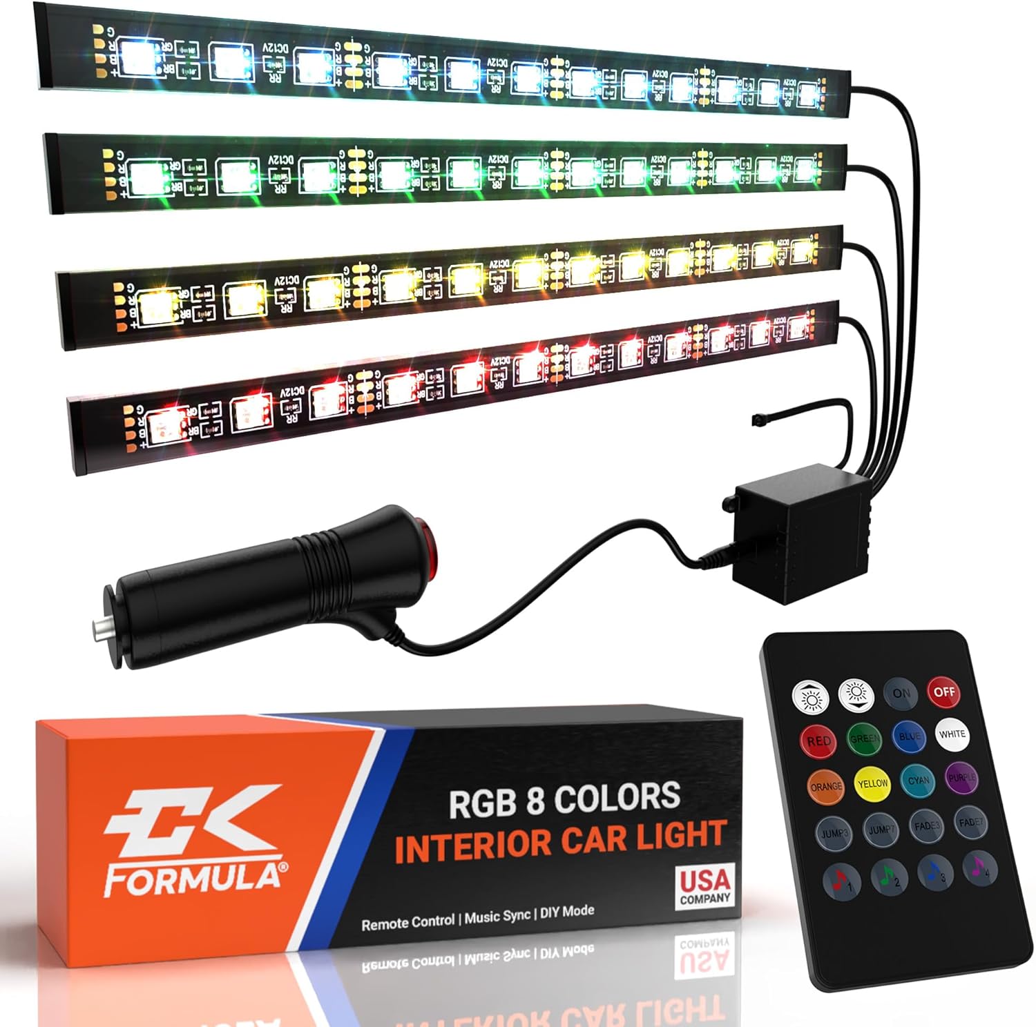 CK Formula Interior LED Lights for Cars, 8 RGB Colors, LED Lights Interior with Wireless Remote Control, Music Sync and DIY Mode, 12V DC Charger, Car Accessories, Car Decorations