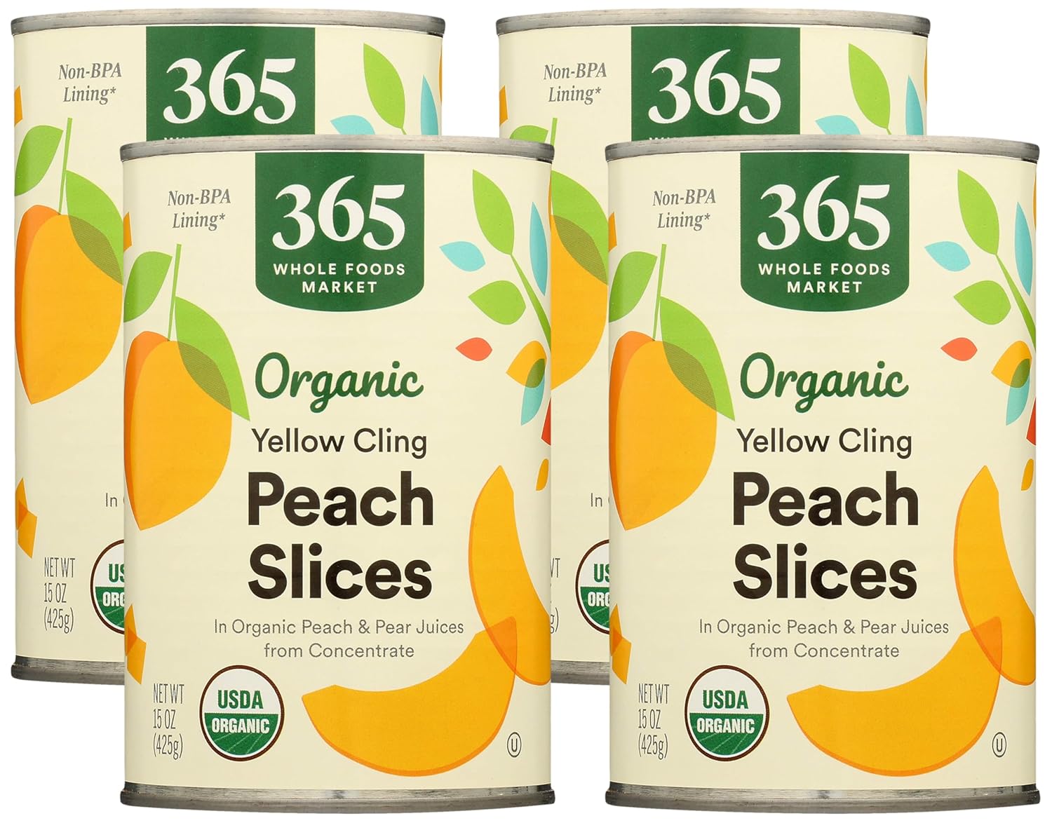 365 by Whole Foods Market Organic Yellow Cling Peach Slices, 15oz Cans Pack of 4 - Premium Organic Canned Peaches