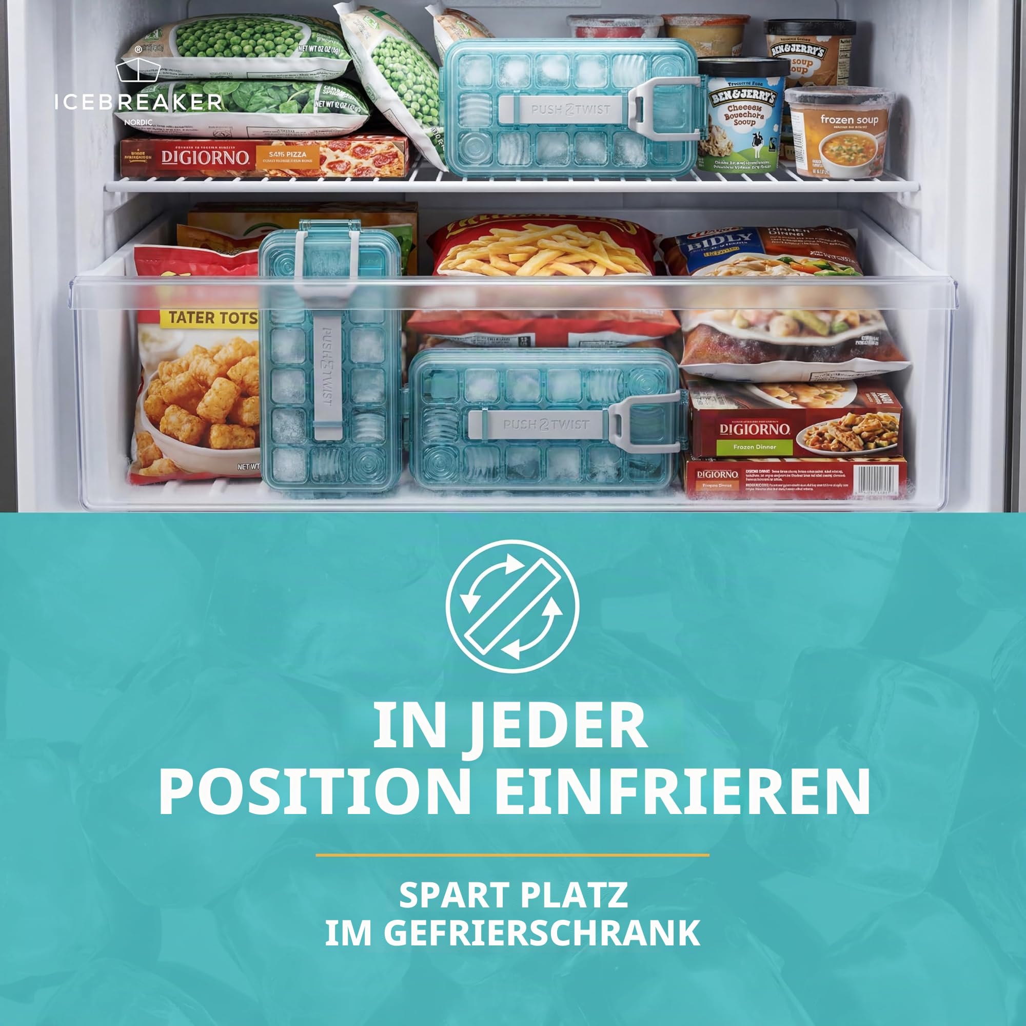 ICEBREAKER NORDIC Push & Twist 3er Set Eiswürfelform mit Deckel (18x3 Eiswürfel) | Eiswürfelbehälter für Gefrierschrank | No-Touch Eiswürfelbereiter - Auslaufsichere, platzsparende Eiswürfelformen