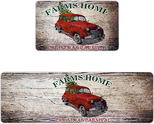 Miniatura 4 de Tapetes de cocina para piso, 2 piezas, diseño de árbol de Navidad, granja, retro, antideslizantes, lavables, juego de alfombras absorbentes para