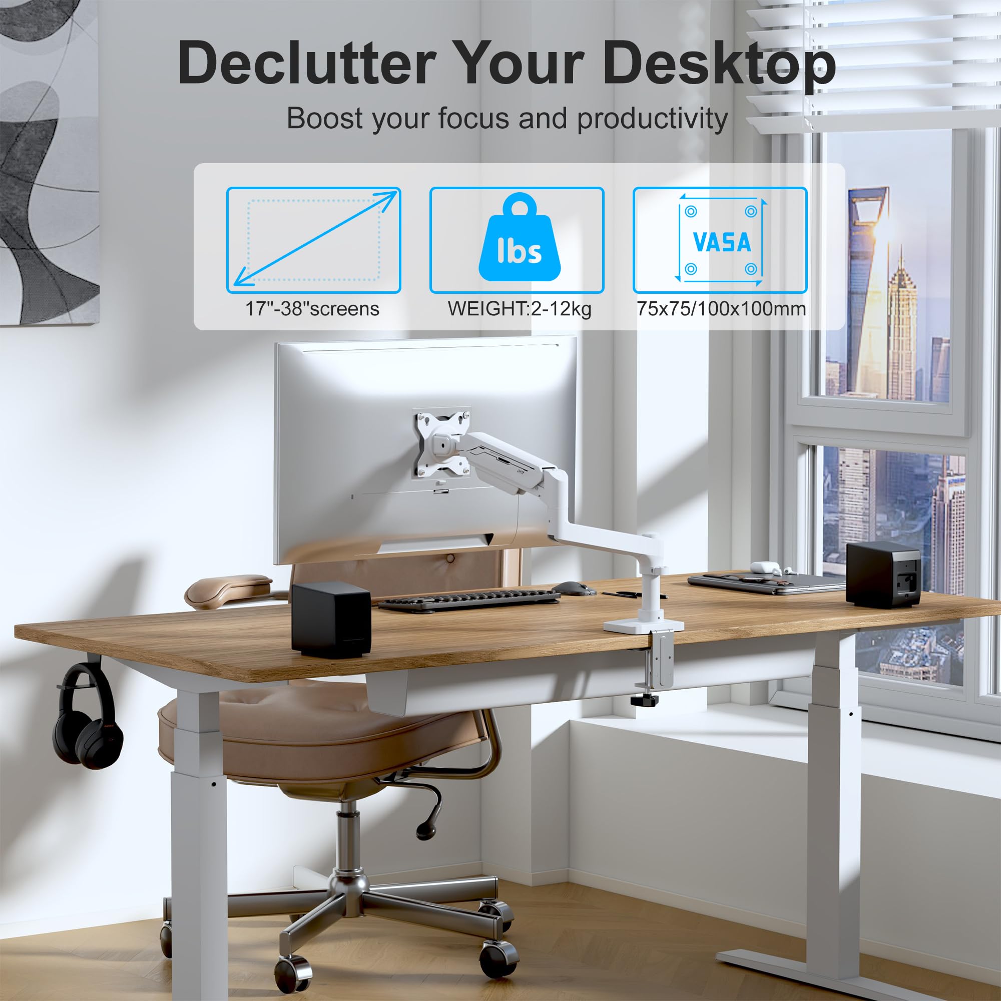 ETHU Braccio singolo per monitor, resistente supporto per monitor con molla a gas con regolazione in altezza e inclinazione, supporto da scrivania VESA con doppia opzione di installazione per schermi