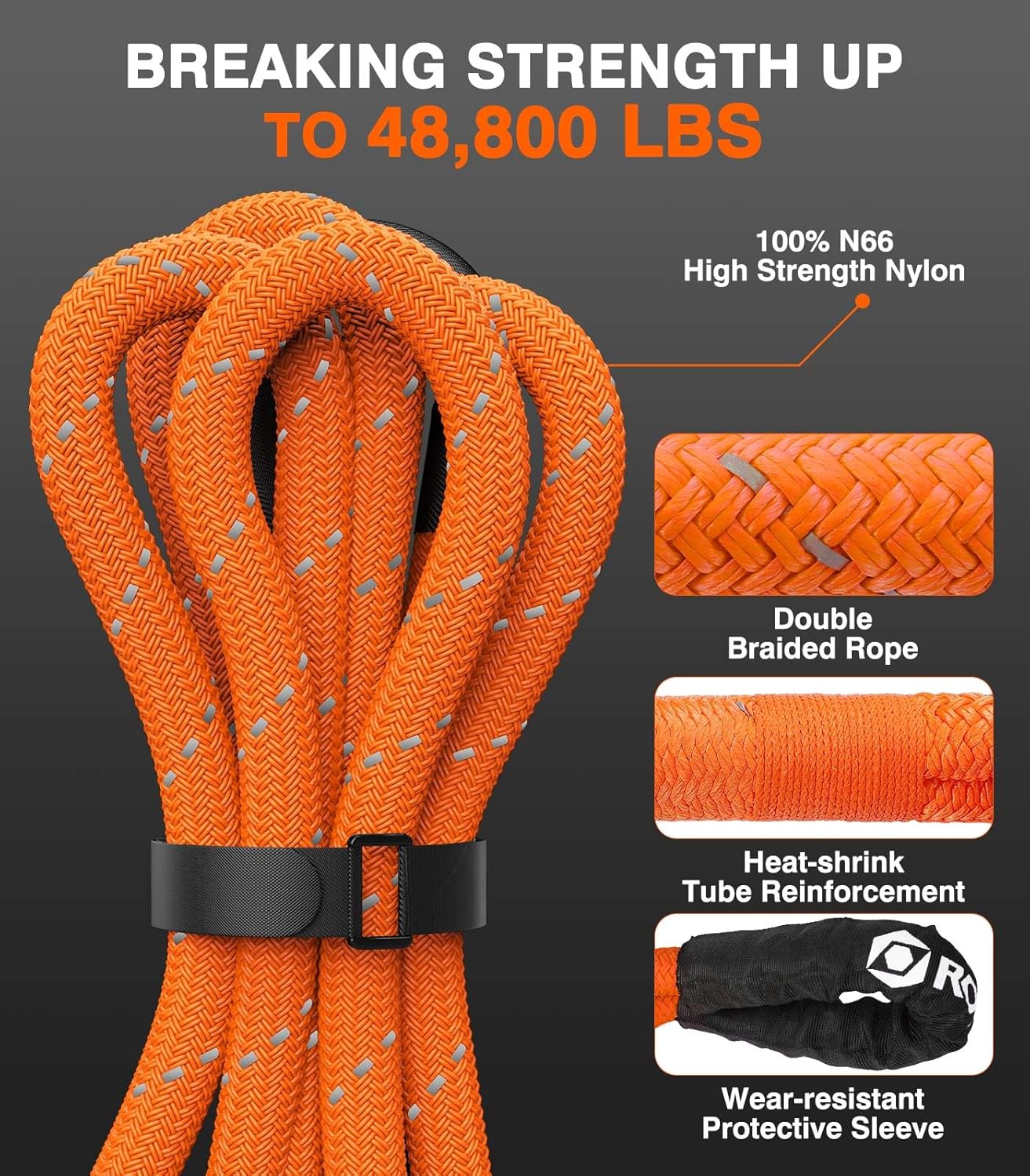 1" x 30ft Kinetic Recovery Tow Rope, 48800 LBS Nylon Tow Strap with 2 Soft Shackles 1/2" x 22", 30% Elasticity Heavy Duty Offroad Towing Straps Kit for Tractor, UTV, Trucks, SUV, ATV, Orange