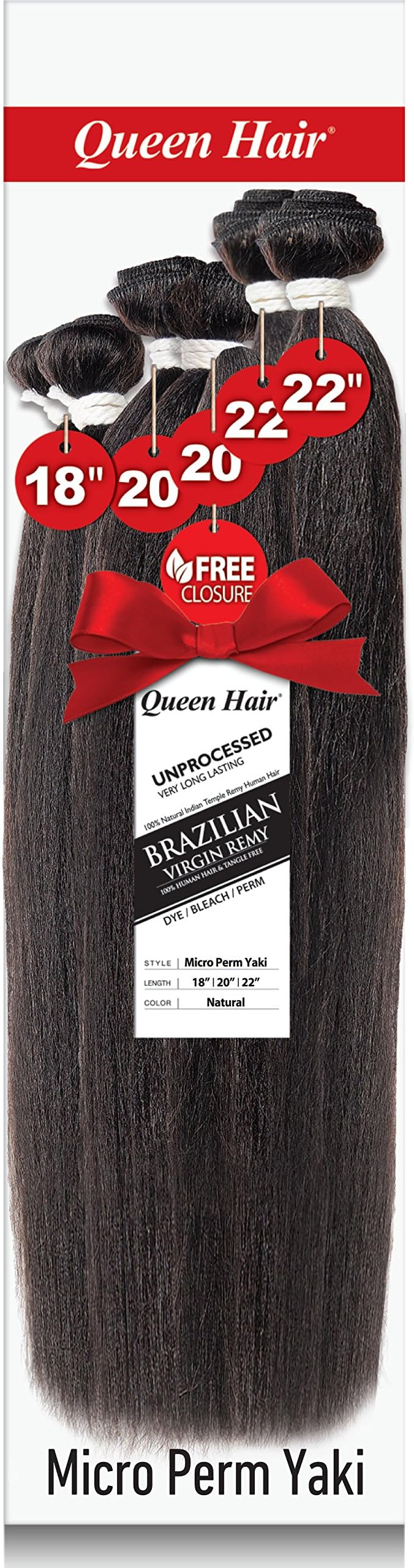 Micro Perm Yaki Brazilian Virgin Remy 100% Unprocessed Human Hair Extensions Weft Weave 6 Bundles + Free Closure - Sew In or Glue In