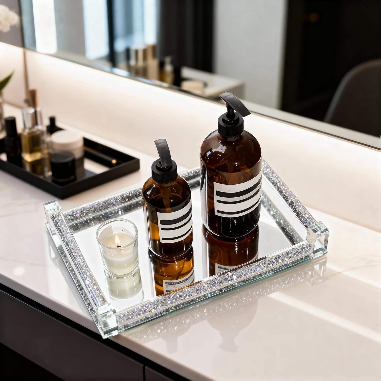 kanpura Mirror Perfume Tray, Crushed Diamond Filled Crystal Glass Vanity Tray, Decorative Bathroom Trays with Handles, Jewelry Trinket Holder for Party, Bathroom, Bedroom for Women - Image 8