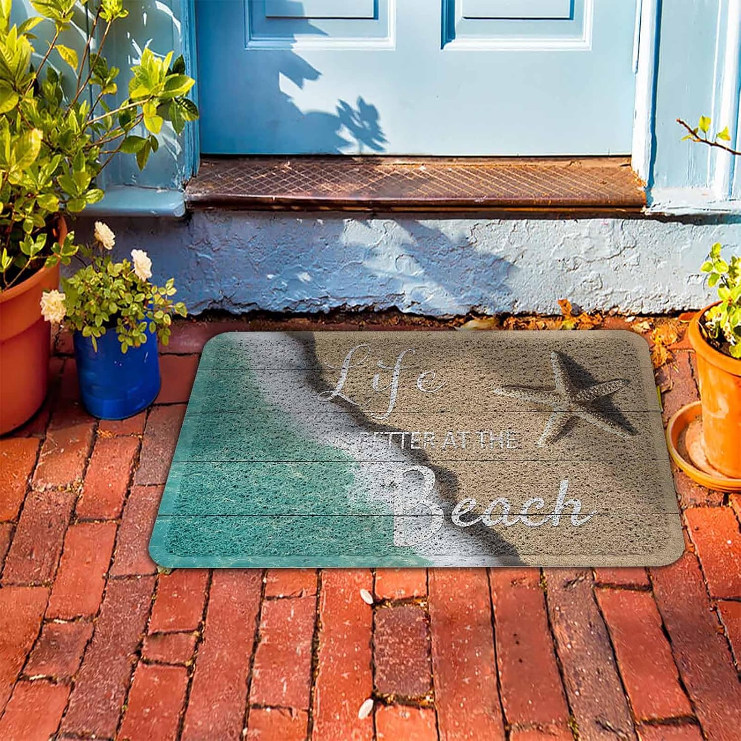 PVC Doormat Entrance Rugs Heavy Duty Welcome Mats, Life Is Better at The Beach on The Wood Outdoor Indoor Mats Non Slip Rubber Backing for Front Door/Yard/Garage/Garden, 24"x 35" Retro Wooden Stripes