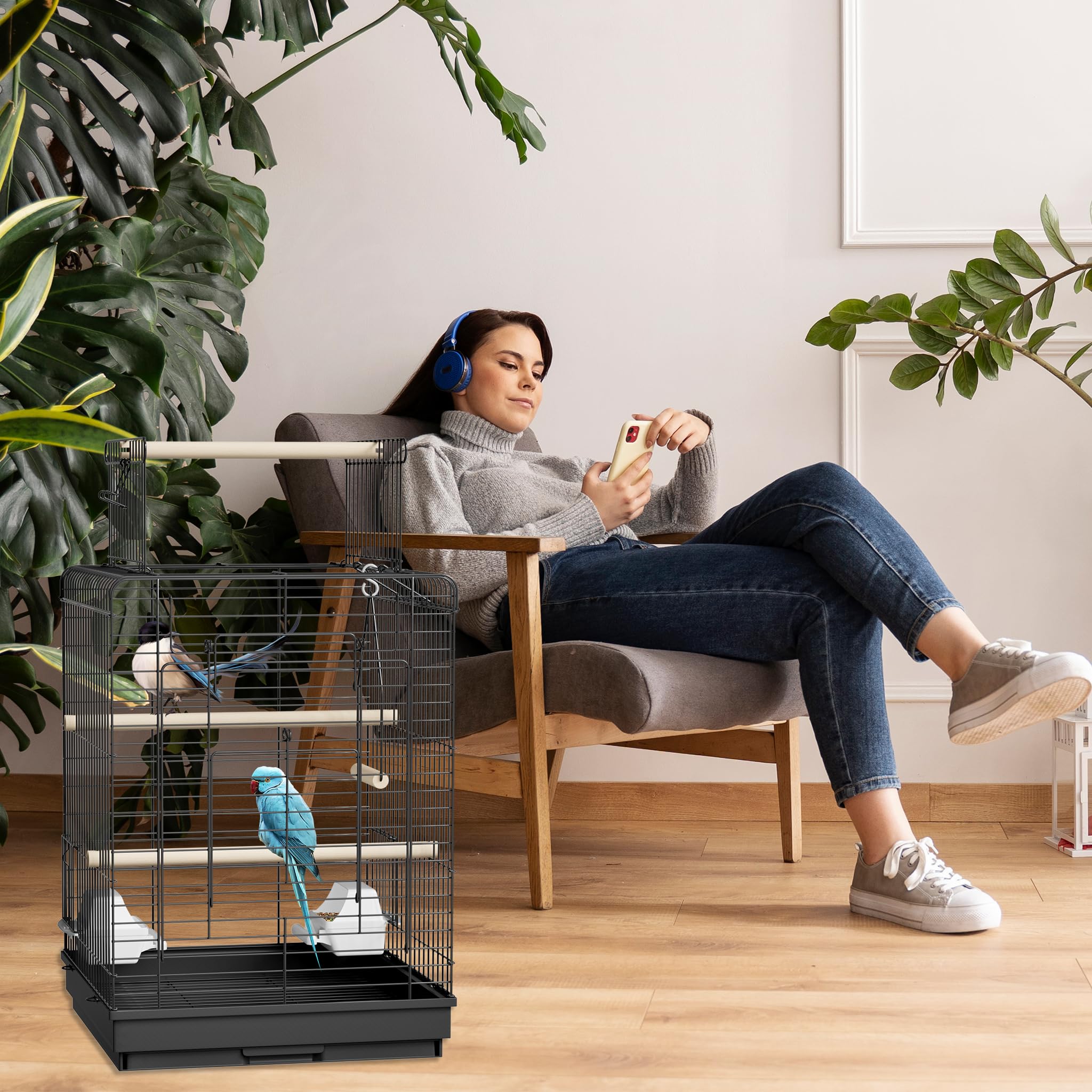 HENGMEI Cage pour perroquet - Cage à oiseaux - Cage à oiseaux - Cage à canaris - Noir - 40 x 40 x 72 cm (avec toit ouvert)
