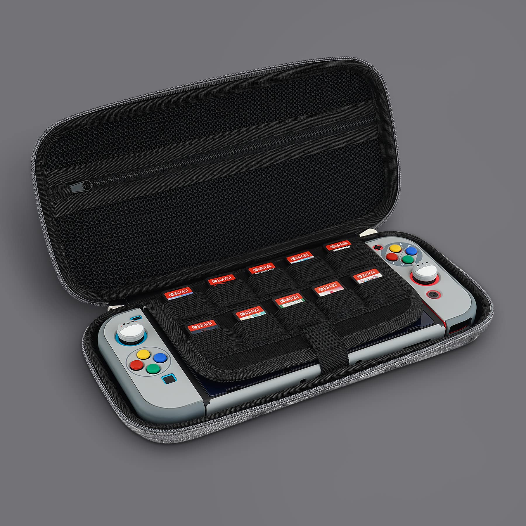 playvital Estuche Portátil para Nintendo Switch y OLED - Funda de Transporte con Tapas de Joystick, 10 Ranuras para Juegos, Bolsillo Interior Suave y Forro Protector (Remolino de Plata)