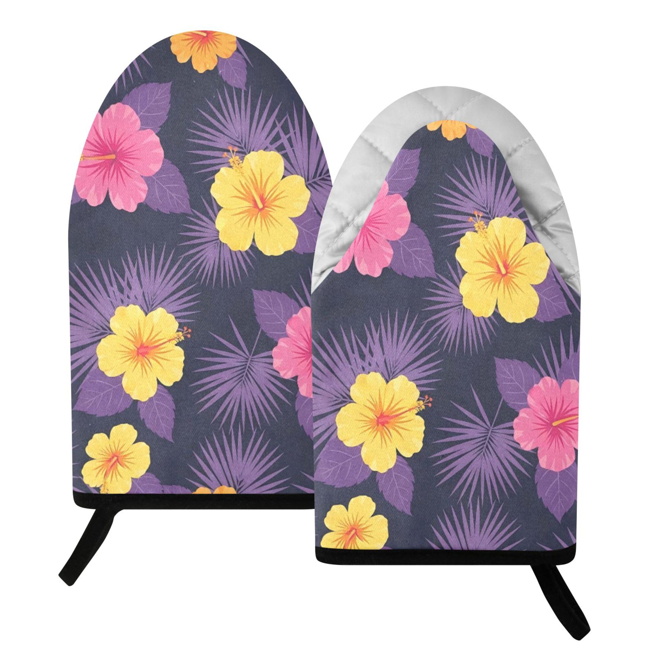 Fuauuyl Oven Mitts Heat Resistant Kitchen Gloves, Hibiscus Leaves Classic Oven Gloves with Hanging Loop for Baking BBQ Cooking Grilling, 1 Pair, 9.5 in