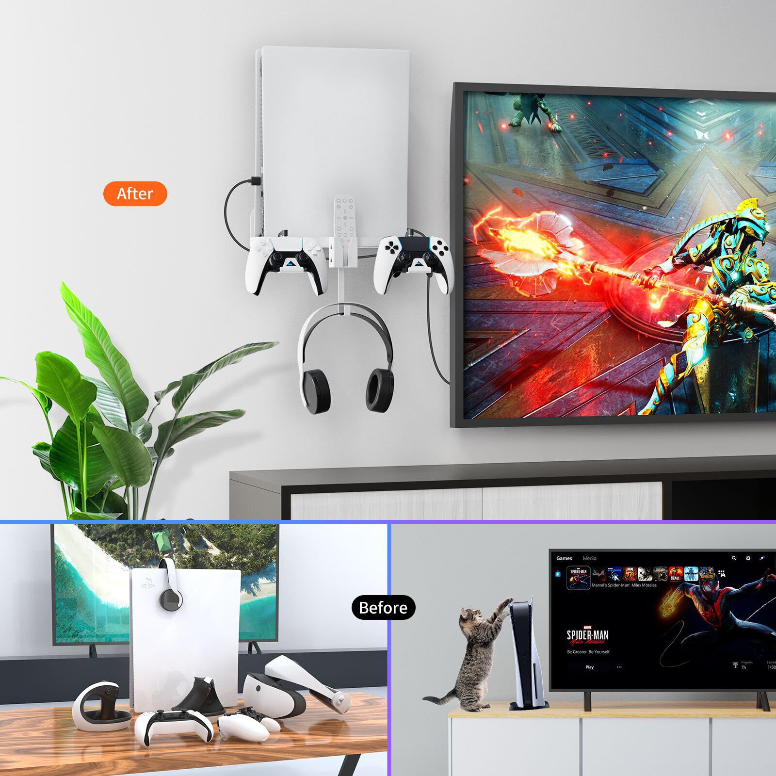 Kit de montaje en pared PS5, juego de estante de soporte de pared para PS5 con soporte para controlador, colgador de auriculares y soporte remoto, para disco PS 5/digital, Black, moda