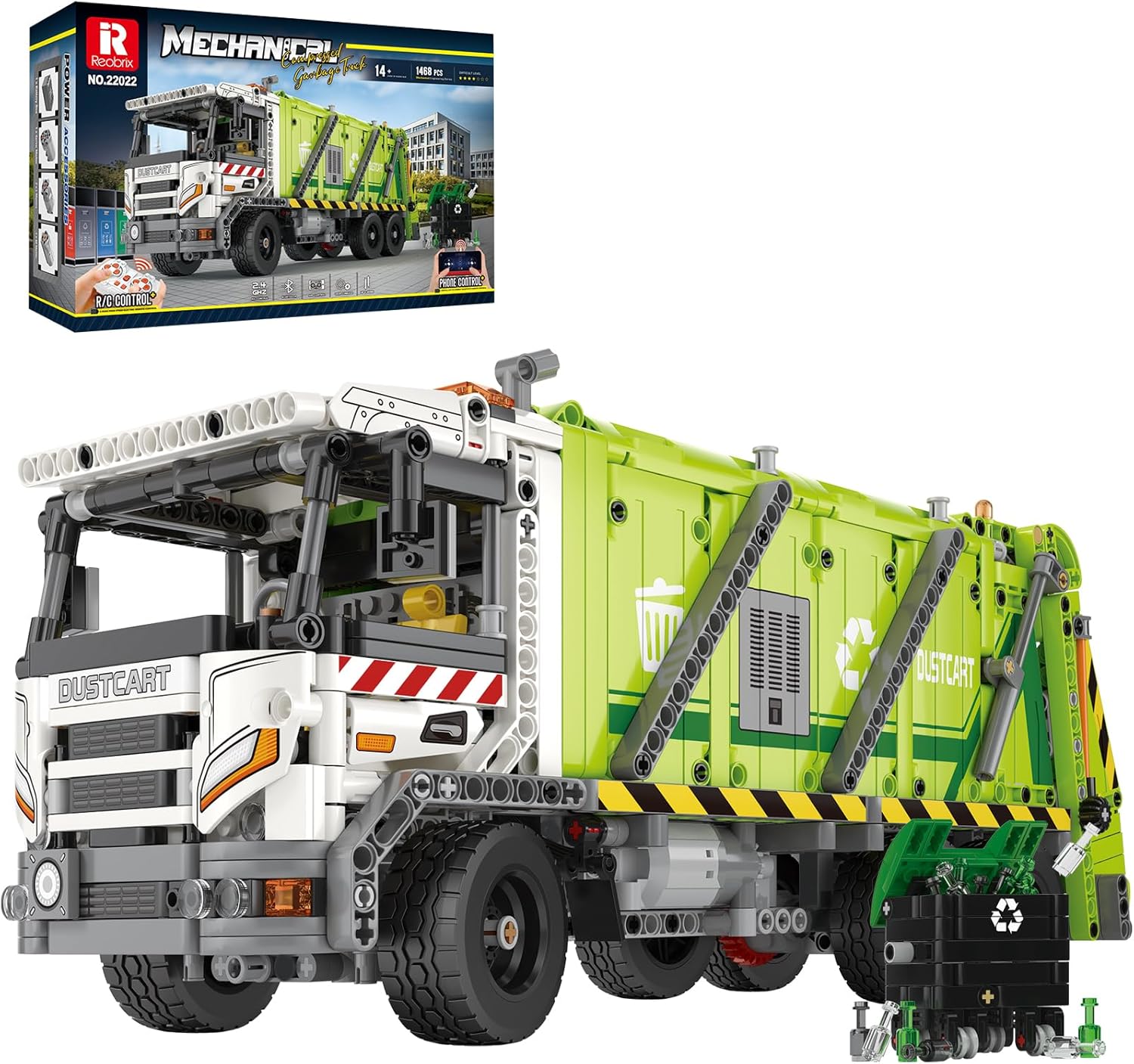 Reobrix Large Garbage Truck Building Block Toy Set for Adult, Compressed Garbage Truck with RC Control & Interactive Features, Creative Birthday Gift 22022 with 1468 Pieces