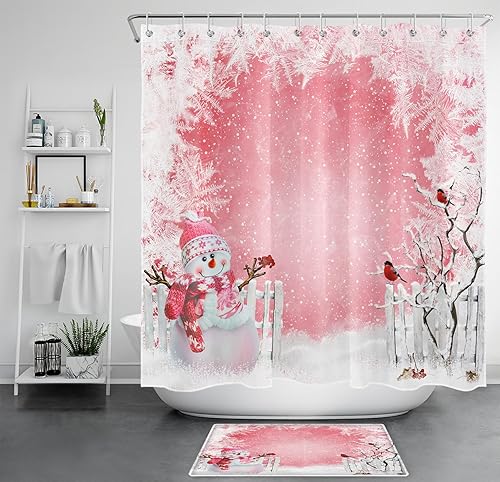 LB Pink Christmas Shower Curtain Sets with Rugs Funny Snowman and Cardinals Winter Snow Scenery Fabric Shower Curtain with Hooks New Year Holiday