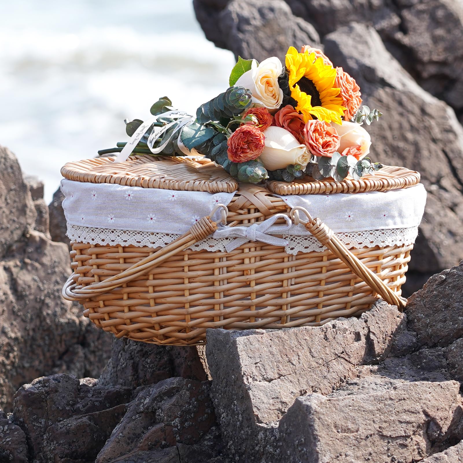 Panier de pique-nique en osier avec poignée, 38 cm, grand panier vide avec couvercle et doublure amovible, panier vintage tressé à la main pour pique-nique, camping, cueillette de légumes