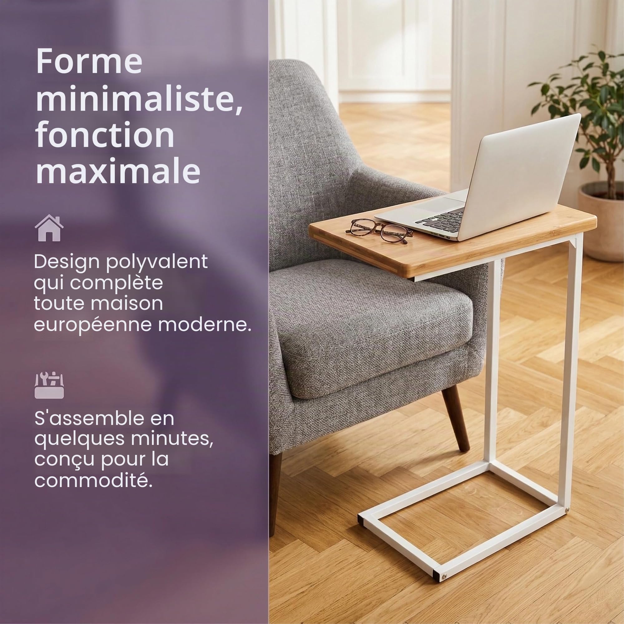 bonVIVO Table d'appoint Donna Moderne - Acier Inoxydable et Bois Naturel avec Châssis en Acier Inoxydable Blanc