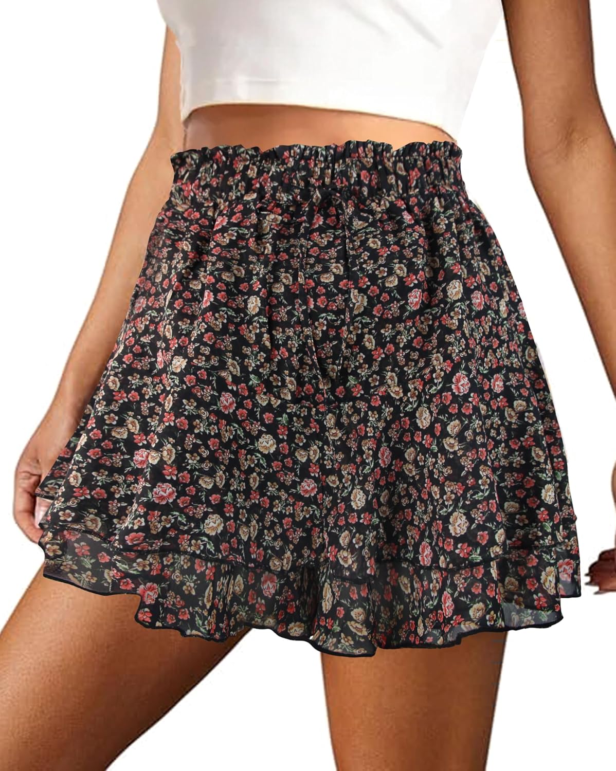 Mini Skirts for Women 2025 Casual Boho Floral Skorts Layered Hem A-Line Tennis Chiffon Shorts