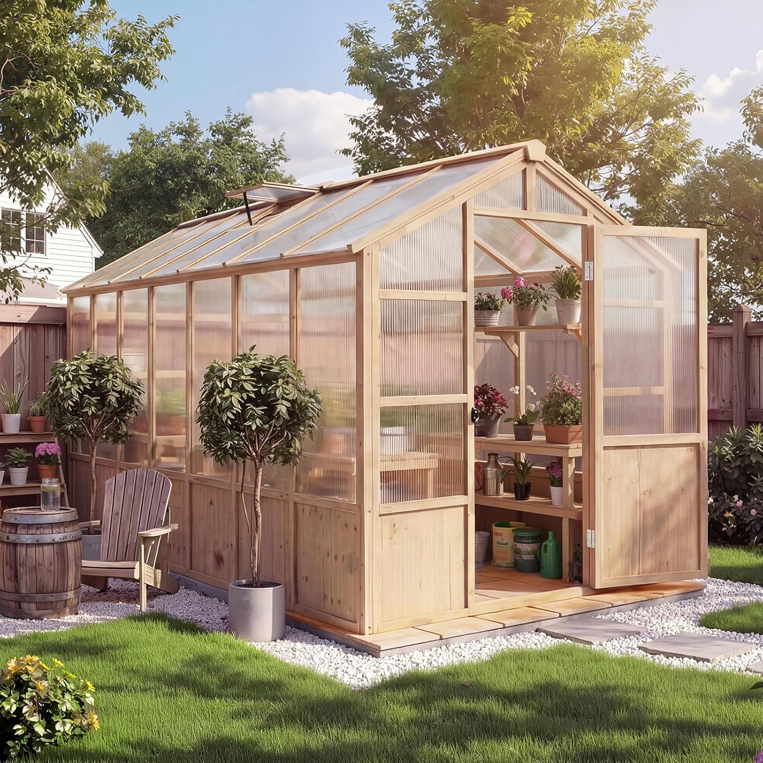 8x14 FT Wooden Greenhouse for Outdoor, Walk-in Greenhouse Kit with Ventilated Window & Lockable Door & Polycarbonate Panels, Large Wood Frame Green House for Garden, Backyard, Patio, Lawn, Plant
