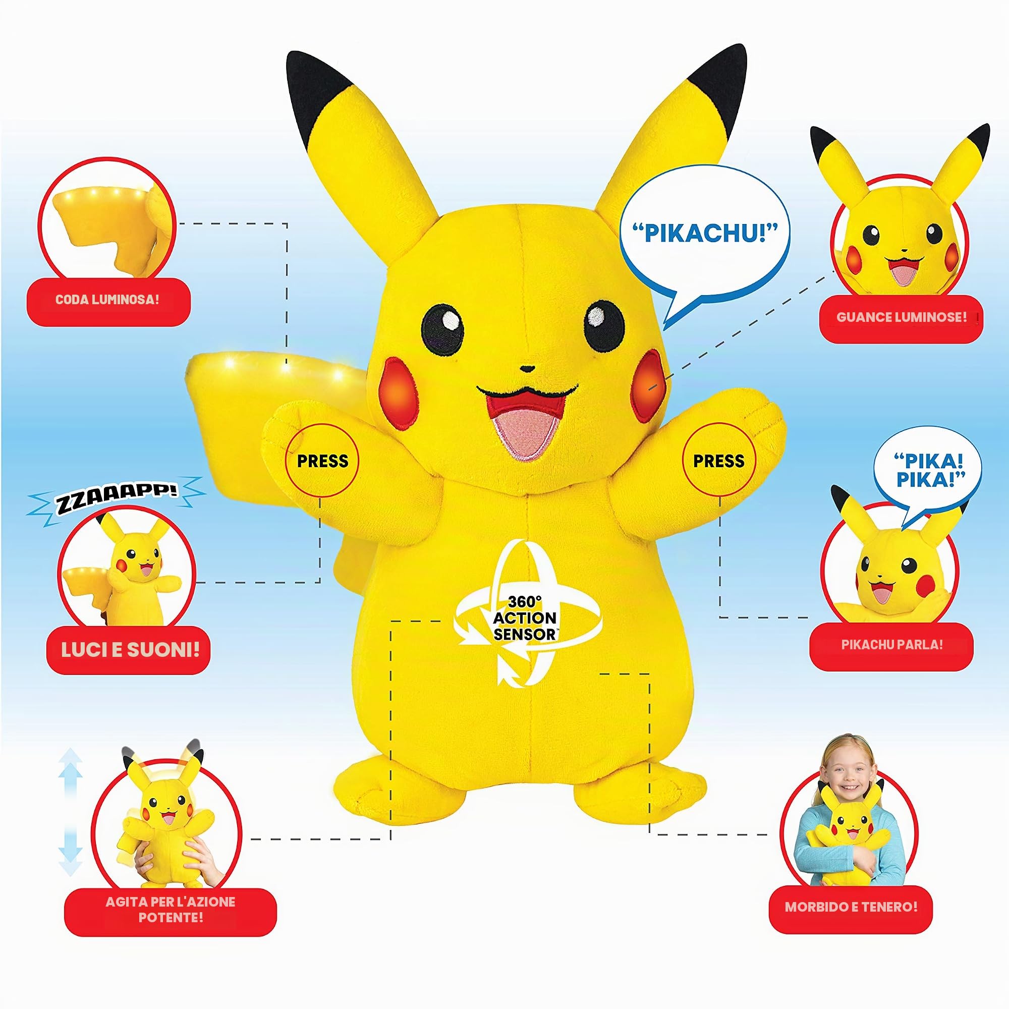 Pokémon- Plush Toys Peluche da 25,4 cm, Power Action Interactive Pikachu, Dotato di sensori di Movimento, luci e Suoni, Colore Giallo, Medium, 97834