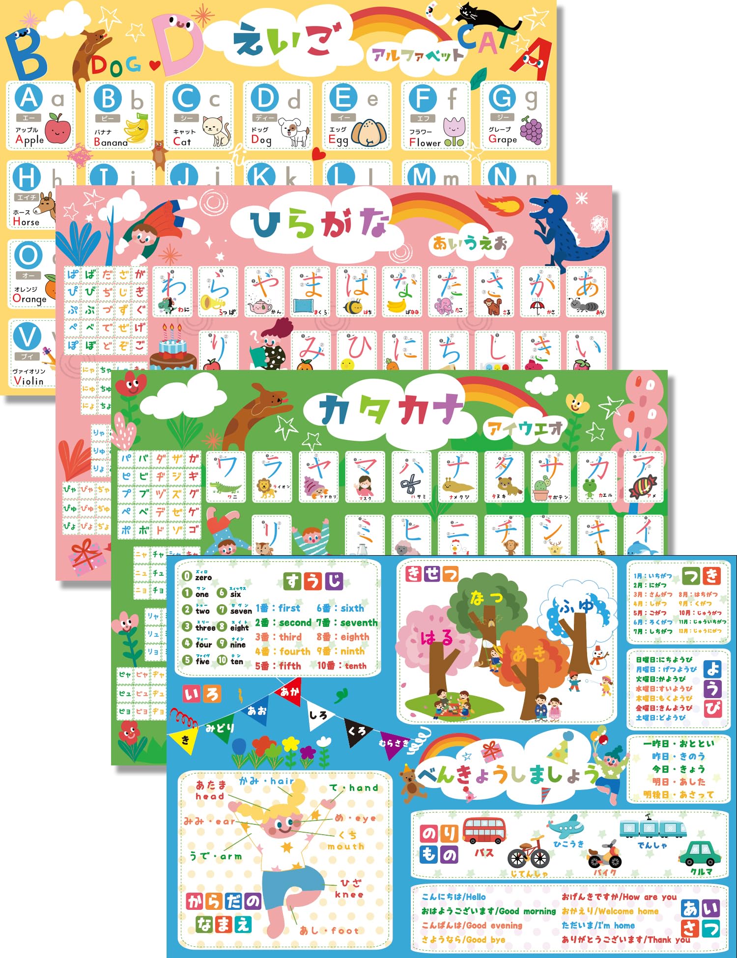 キューブドクター ひらがな あいうえお アルファベット 英語 お風呂 ポスター お得4枚セット B3サイズ あいうえお表