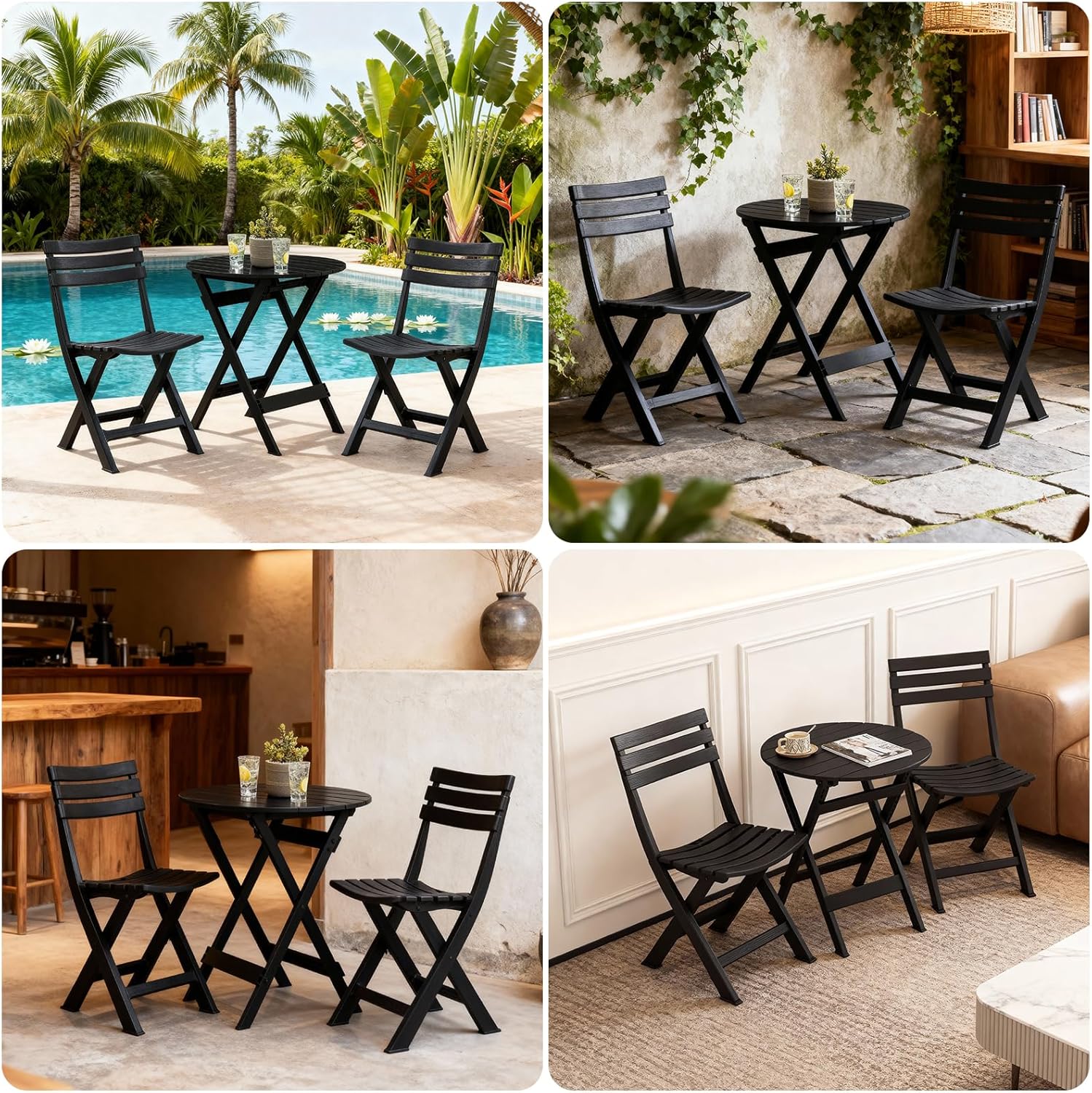 3 Piece Patio Bistro Sets, Foldable Patio Set, Bistro Table and Chairs, 2 Plastics Folding Chairs and Round Table for Outdoor Balcony, Porch, Lawn, Garden, Patio, Black