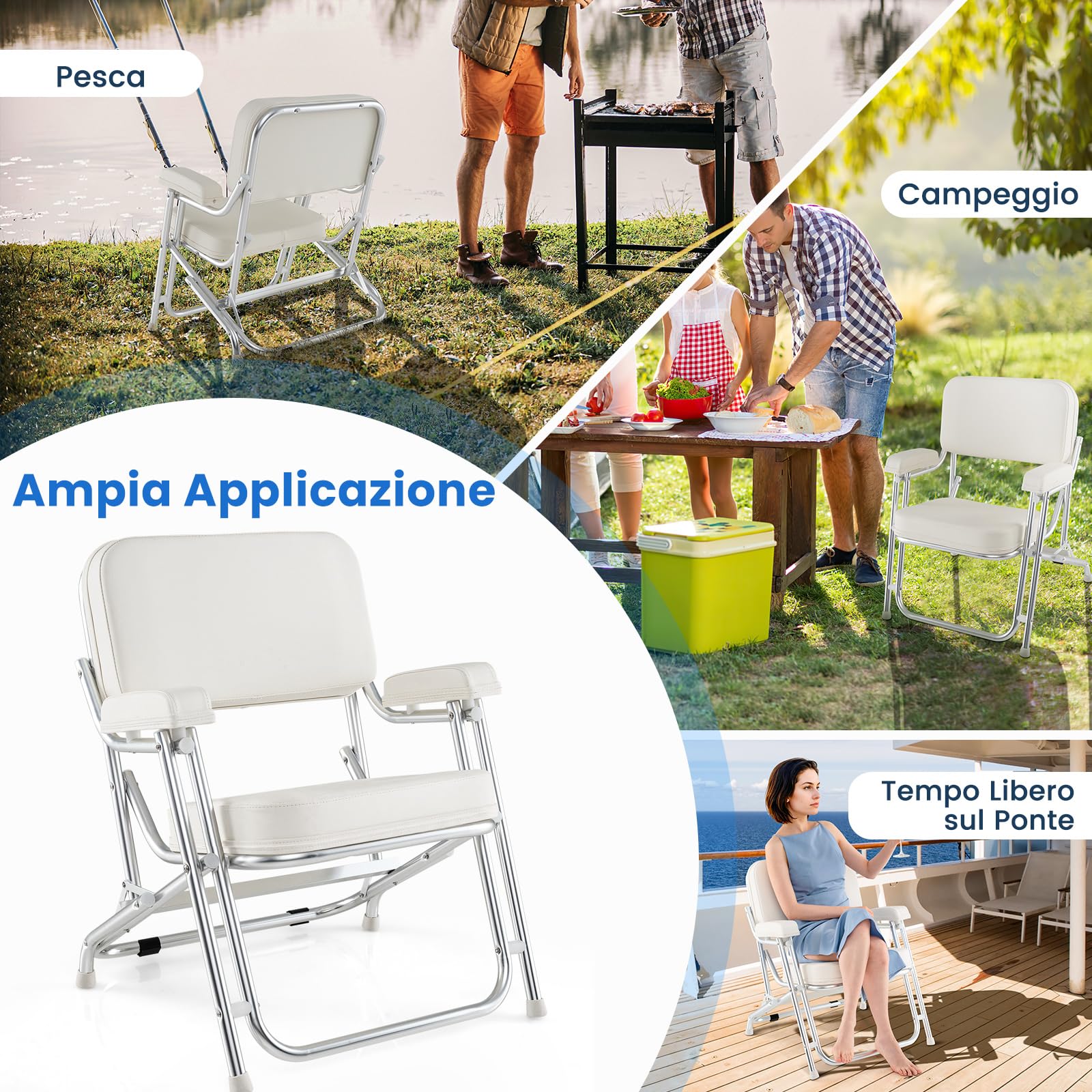 COSTWAY Sedia da Barca Pighevole, Sedia da Spiaggia in Alluminio | con Seduta Imbottita, Poltrona Portatile per Esterni, Piedini Antiscivolo, Sedia da Campeggio Portata 150 kg