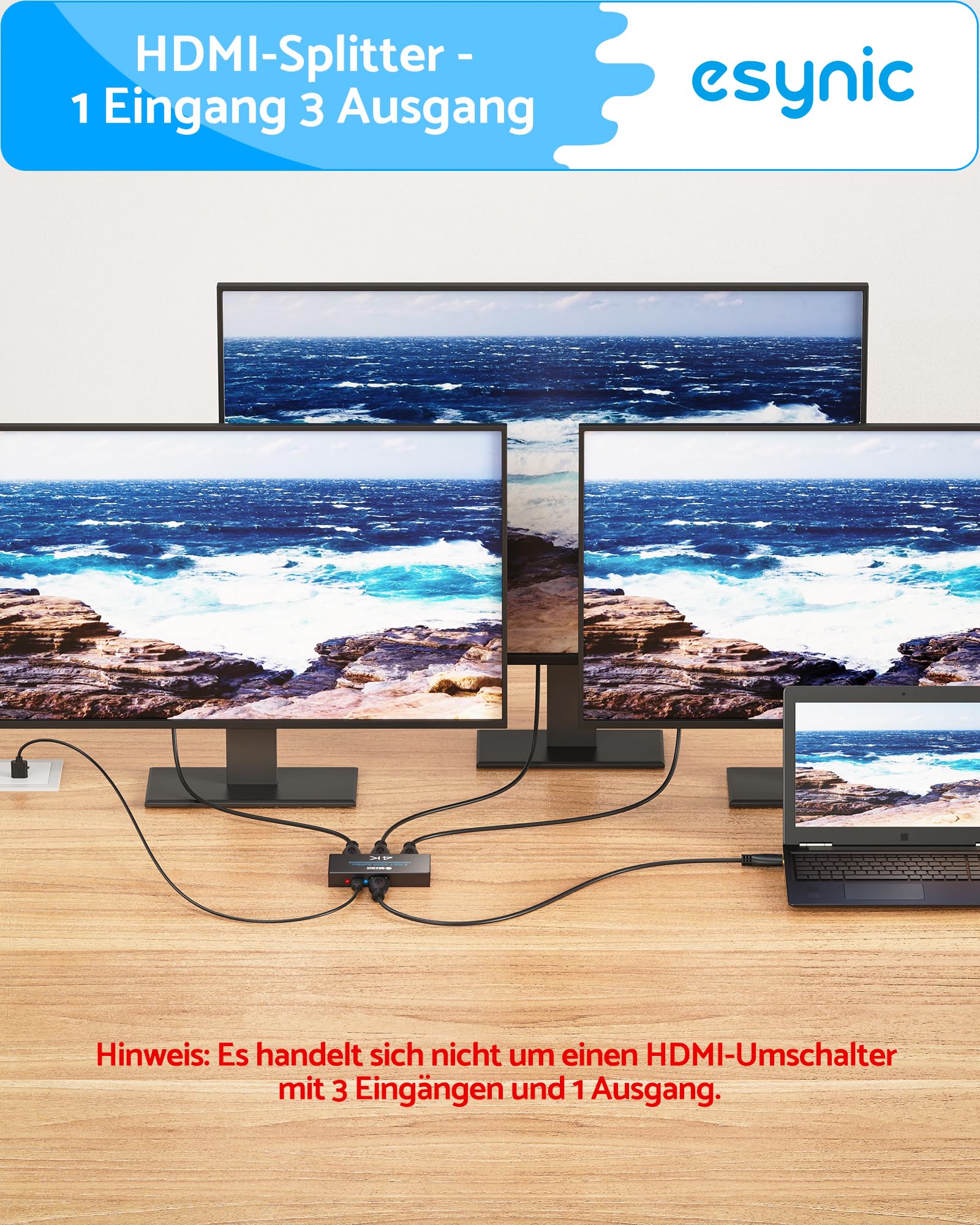 eSynic 4K HDMI Splitter Verteiler 1 in 3 Out – Metallgehäuse, HDCP 1.4, Dolby/DTS Unterstützung, 3D Kompatibilität, für PS4, Laptop, Blu-ray, HDTV – Nur Spiegelmodus, kein Erweiterungsmodus