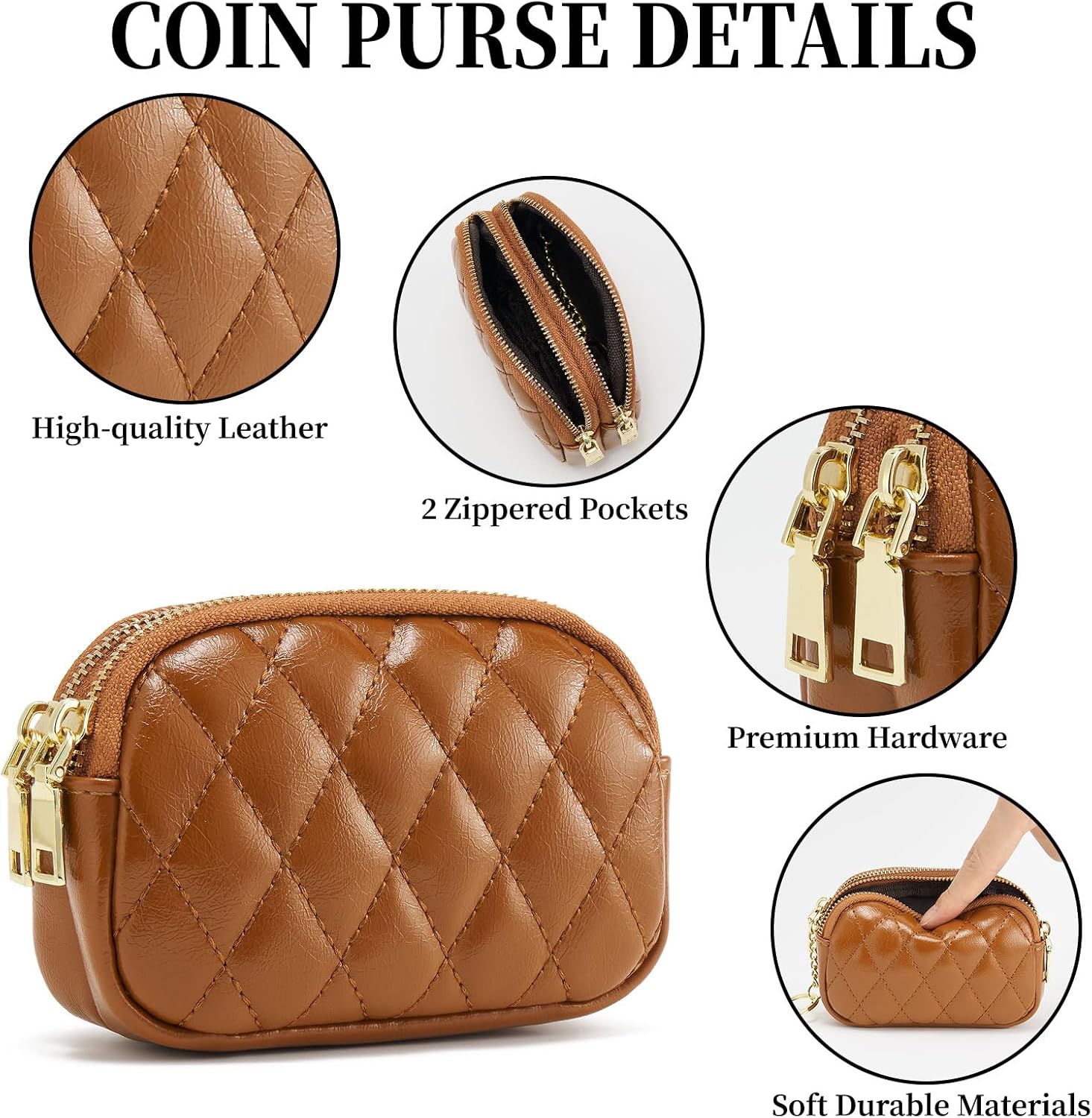 WOZEAH Leather Coin Purse for Women Small 2 Zipper Change Wallet with Key Ring Card Key Coin Cash Holder Pouch(Quilted Brown) - Image 3