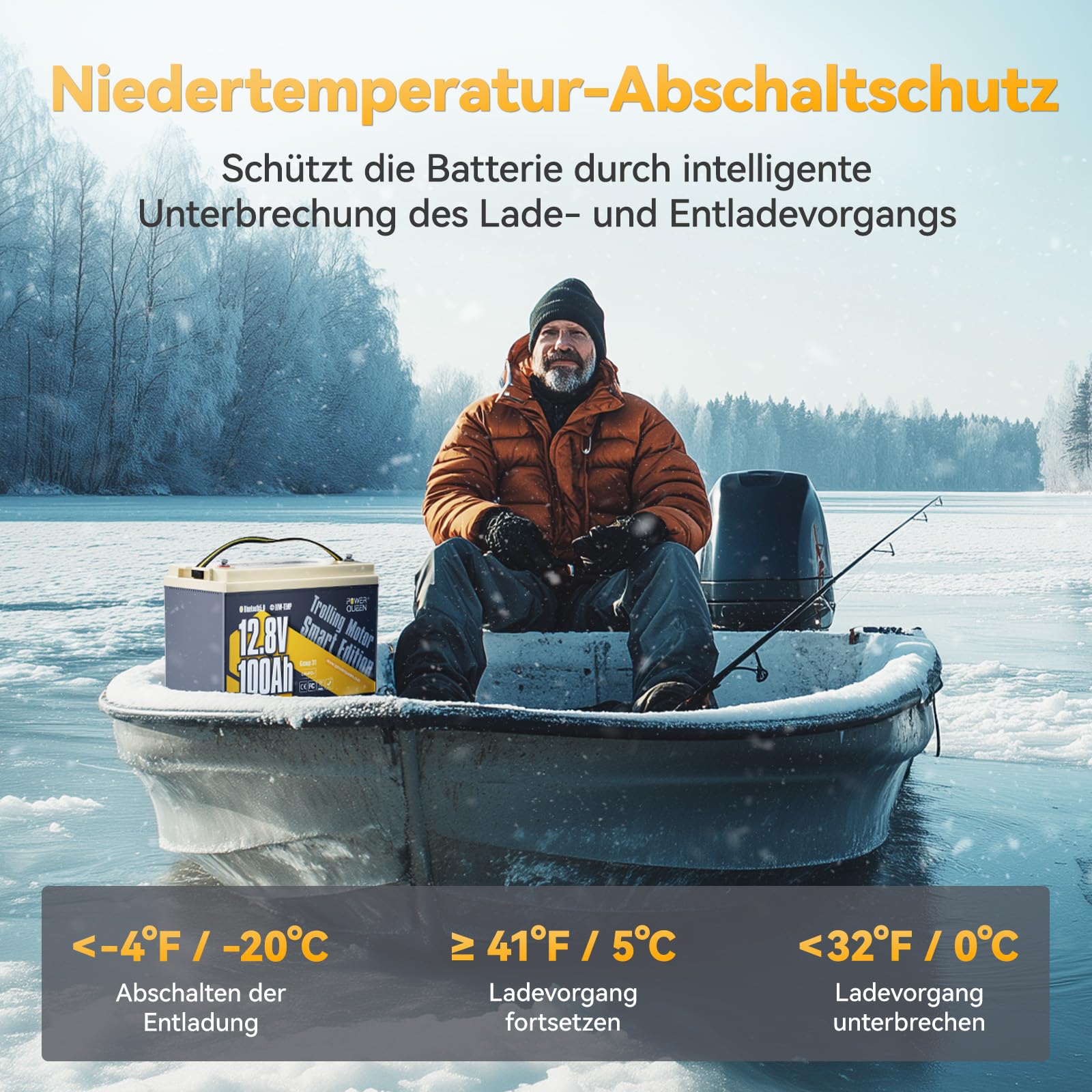 Power Queen LiFePO4 12V 100Ah Bluetooth Batterie, mit Tieftemperaturschutz und 100A BMS, Max. 15000 Zyklens,1280Wh Lithium Batterie geeignet für Trolling-Motoren, Boot