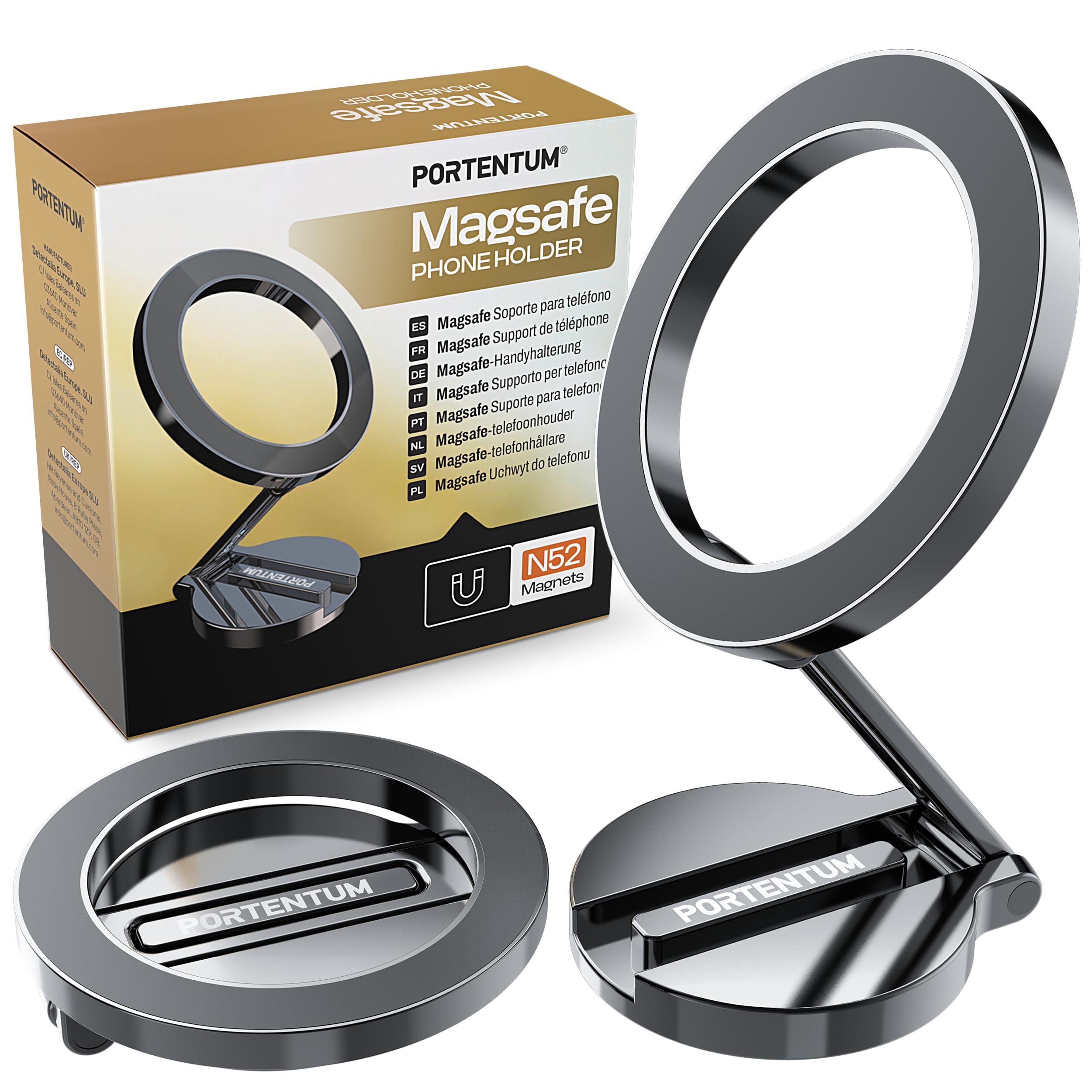 PORTENTUM Soporte Movil Coche Magsafe Plegable – con Potente Iman (20x N52) y Rotación 360° – para Salpicadero Oficina u Otras Superficies - Dark Grey