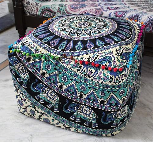 Miniatura 6 de CRAFT KALA Funda de cojín cuadrada con mandala, funda de cojín para asiento, hippie, decorativa, bohemia, otomana, pufs, pompones, de algodón, para
