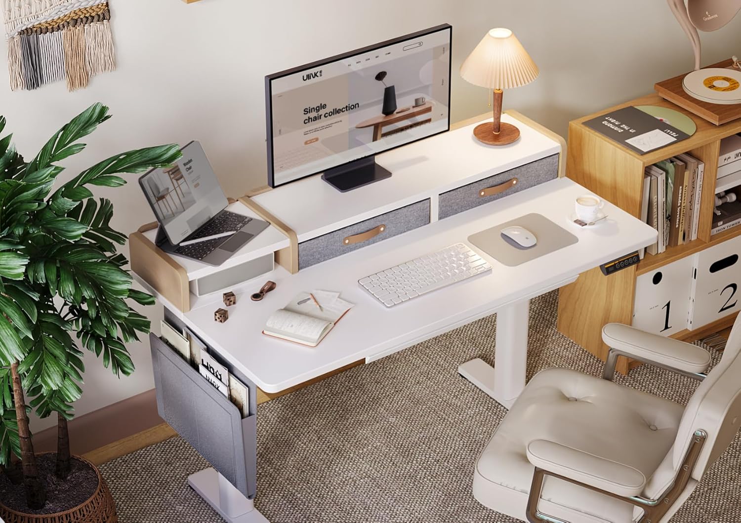 Claiks Standing Desk with Drawers & Power Outlet, 48" Height Adjustable Computer Desk with USB C Port, Sit Stand Home Office Desk with Monitor Stand, Storage Shelves & Side Bag, White