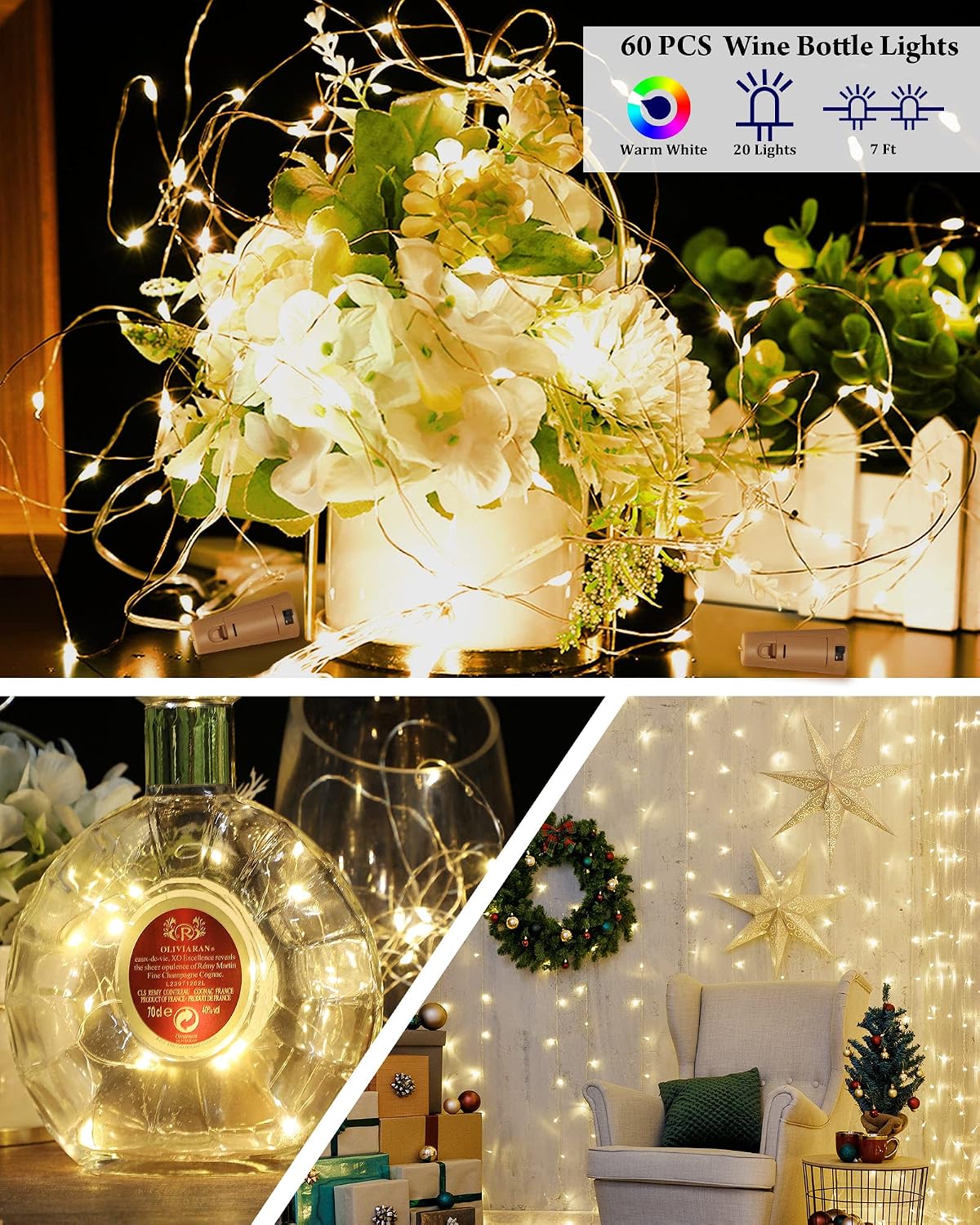 Hortsun 60 Pack Wine Bottle LED Lights with Cork Fairy Mini String Lights Battery Operated Mini Waterproof 7 ft Silver Wire 20 LED Cork Shape for Valentines, DIY, Party, Decor, Wedding (Warm White)