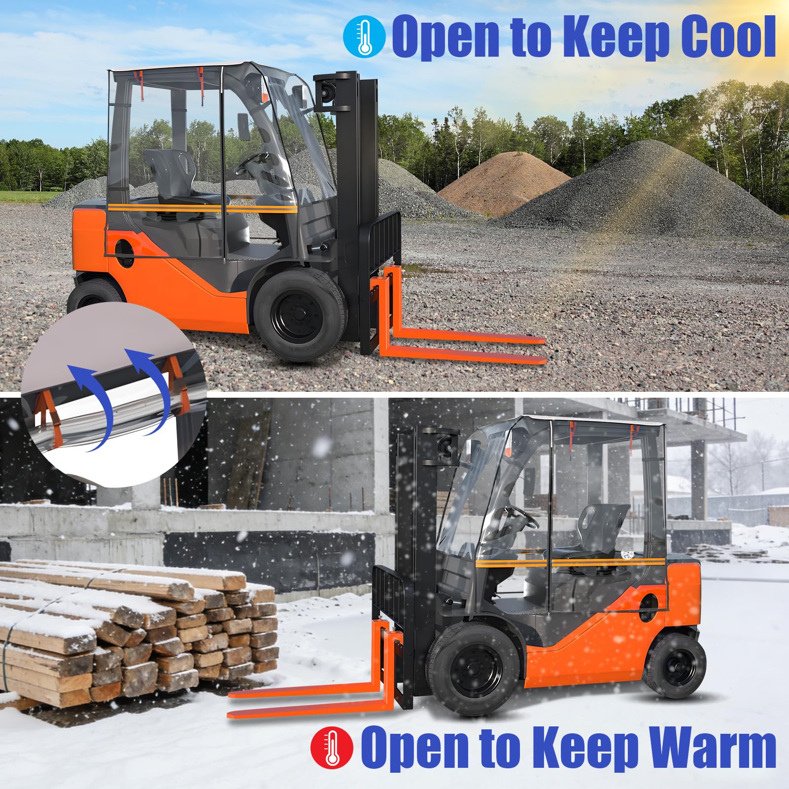 Copertura per carrelli elevatori ad acqua, polvere, neve e antivento, trasparente, con strisce riflettenti arancioni