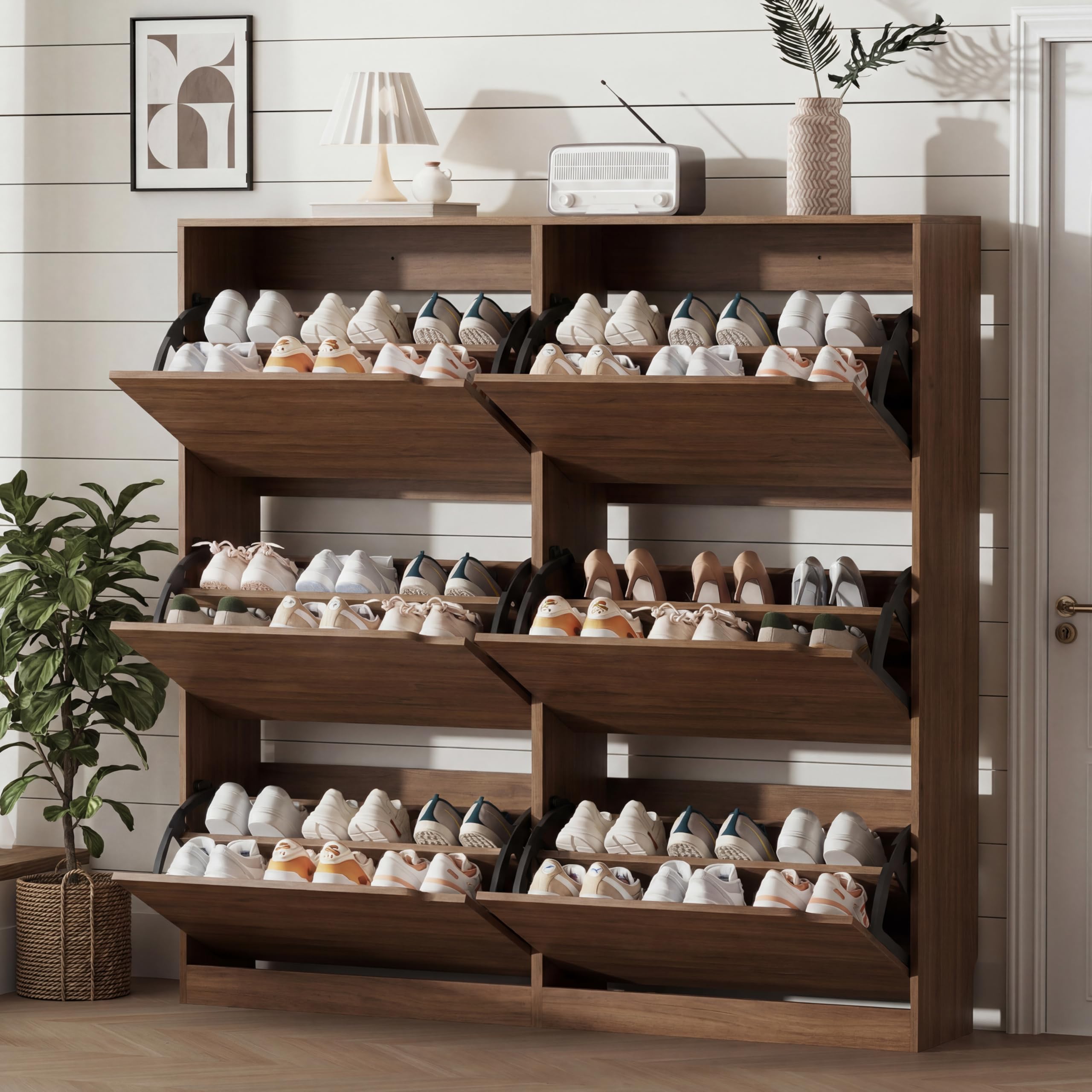 Xixini Shoe Storage Cabinet for Entryway with 6 Flip Drawers, Sturdy Wood Hidden Shoe Storage, Freestanding Narrow Slim Shoe Organizer for Front Door Entrance, Living Room, Hallway, Bedroom, Walnut