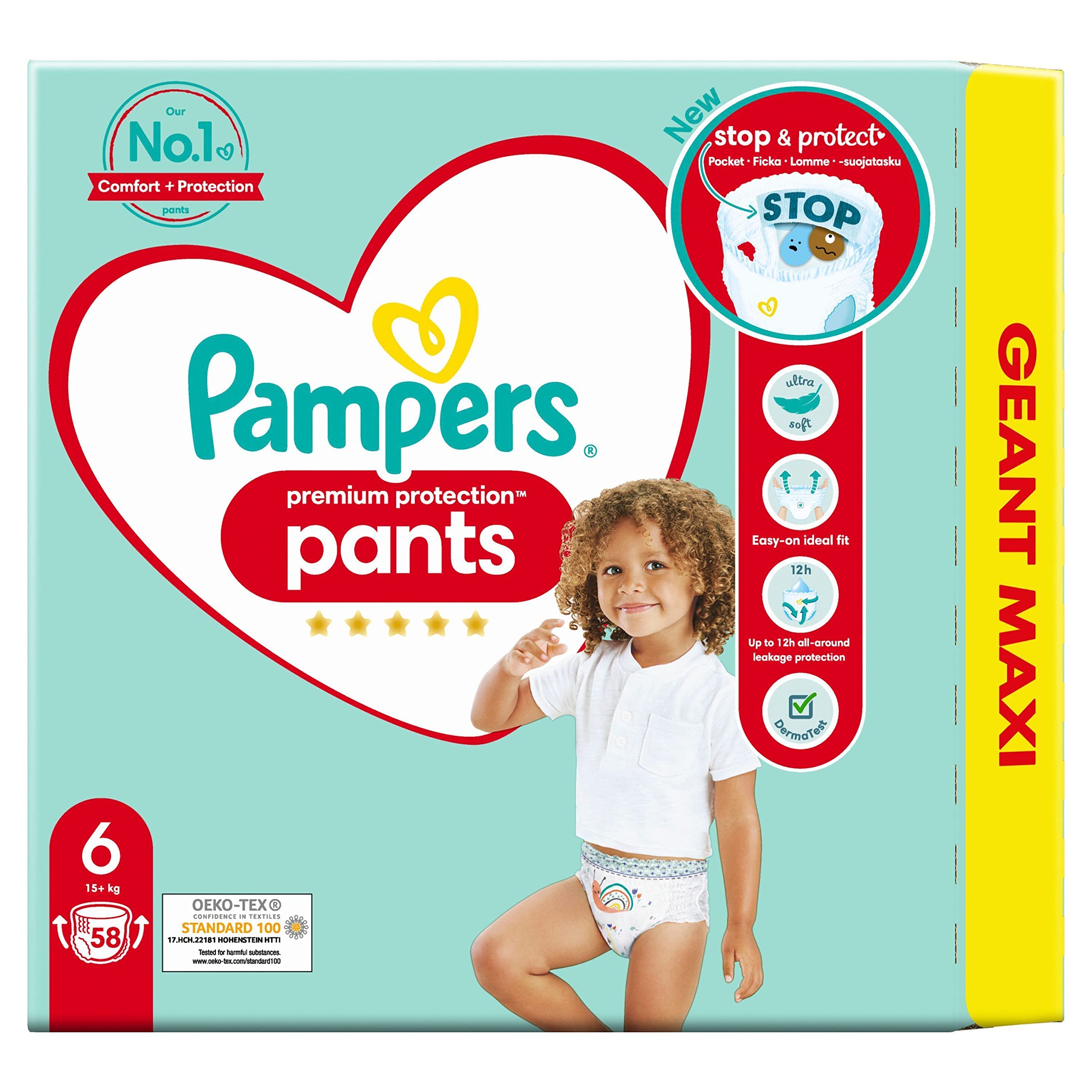 Pampers Protección premium Pañales Pantalones Talla 6, 58 Pañales Pañales, 15 kg+, el mejor confort y protección con pañales para pantalones