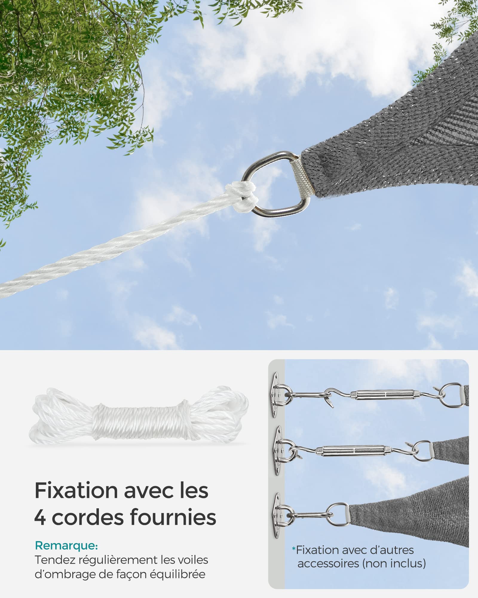 SONGMICS Voile d’Ombrage 4 x 4 m, Protection Solaire en Tissu HDPE, Respirant, Perméable à l’Eau, pour Terrasse, Jardin, Balcon, Camping, Carré, Concave, Cordes de 2 m, Gris Anthracite GSS44GY