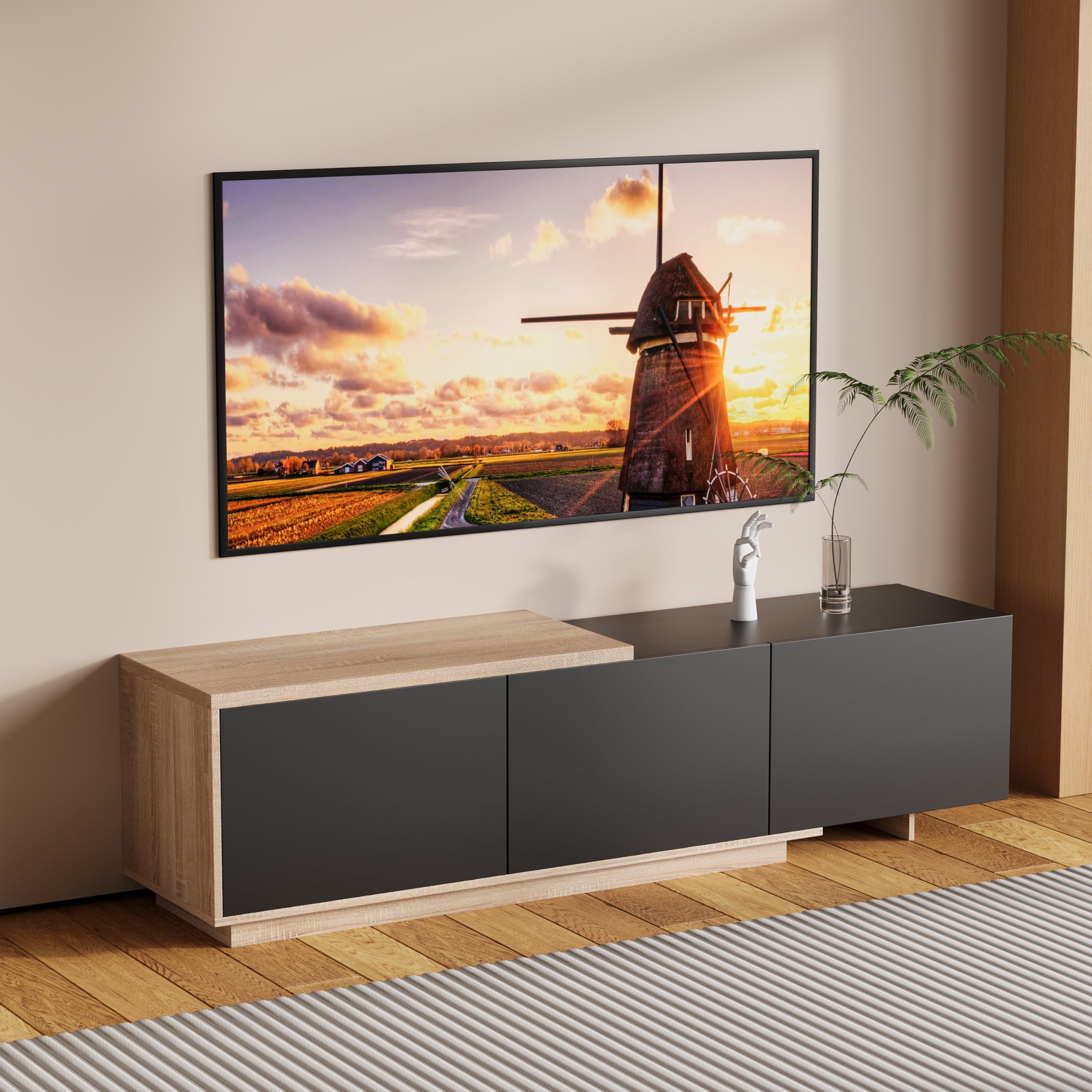 LIVLUX Meuble TV Moderne avec 3 Portes de Rangement et Étagères en Verre Intégrées, Lumières LED Variables, Convient pour Salon ou Chambre (Noir+Ton Bois, 240 x 38 x 44 cm)