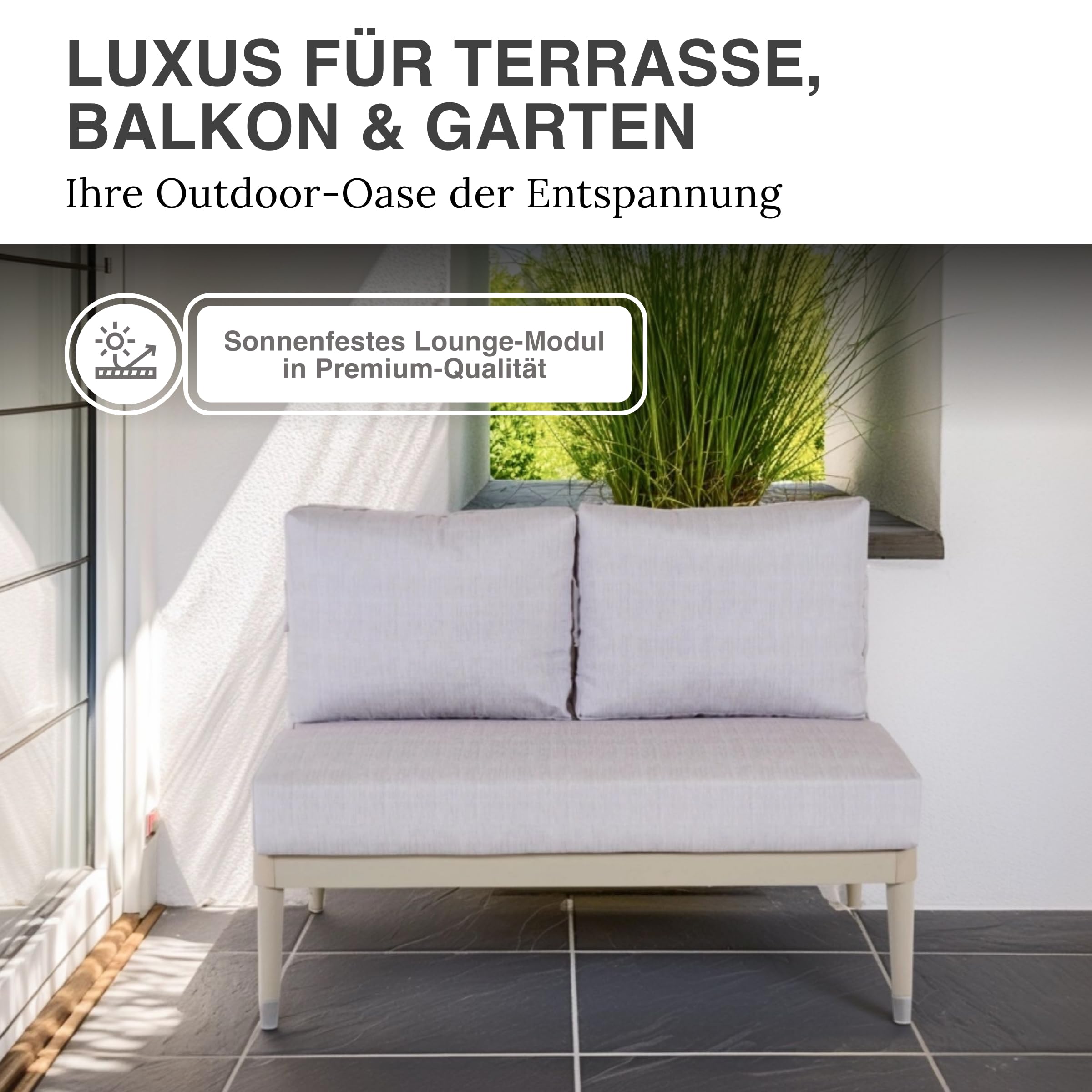 Modulares Doppelsitz Element Sandbeige, 118x83x65 cm: Premium Zweisitzer Outdoor Sitzlounge, Alurahmen rostfrei, 15 cm Polster, wetterfest, UV-beständig, waschbar, Garten/Balkon/Terrasse, Luna Lounge