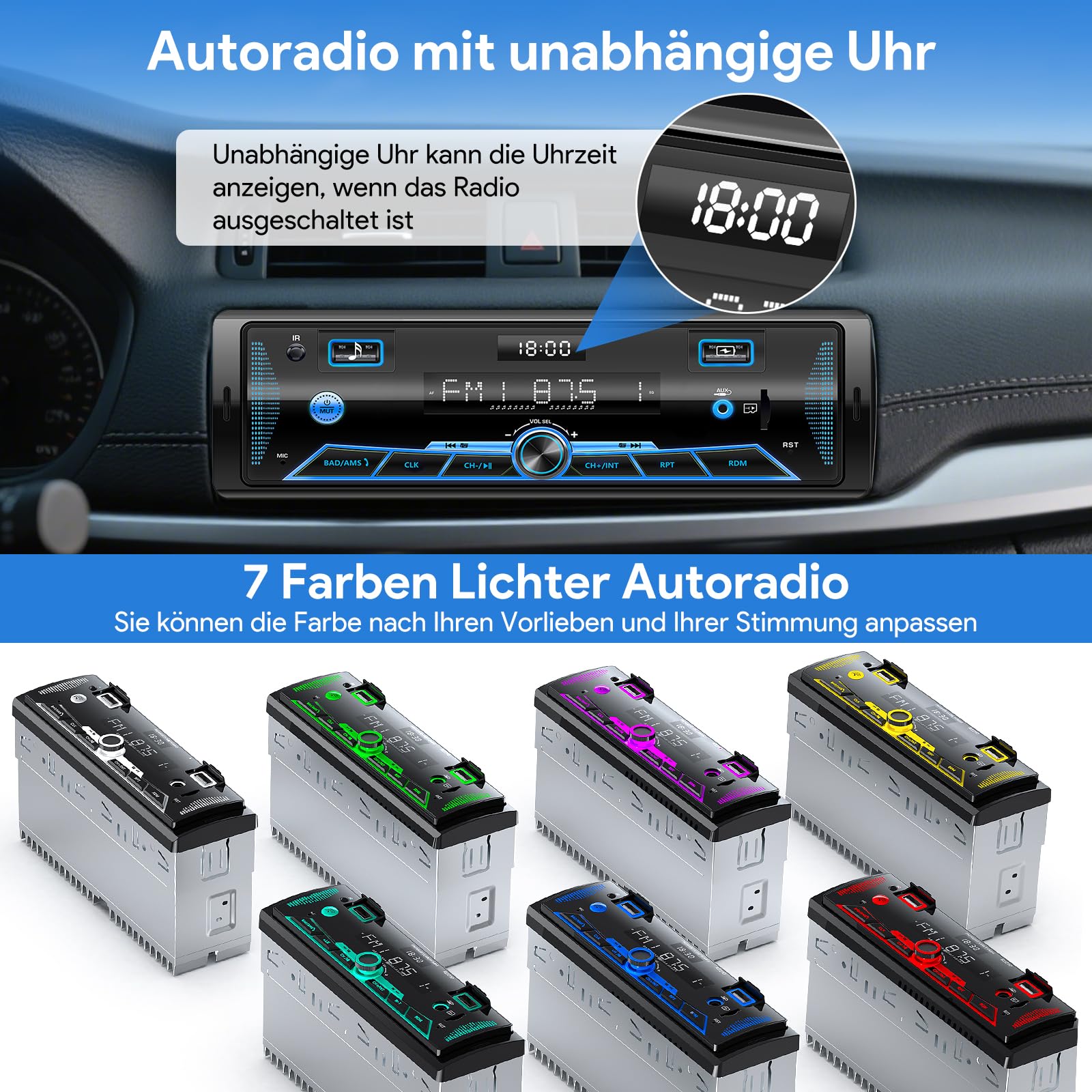 RDS Autoradio Bluetooth für 2 USB,Wistrue FM/AM Autoradio 1DIN,7 Farben Radio mit Fernbedienung MP3 Player 9-24V/Unabhängiger Uhr/SD/AUX