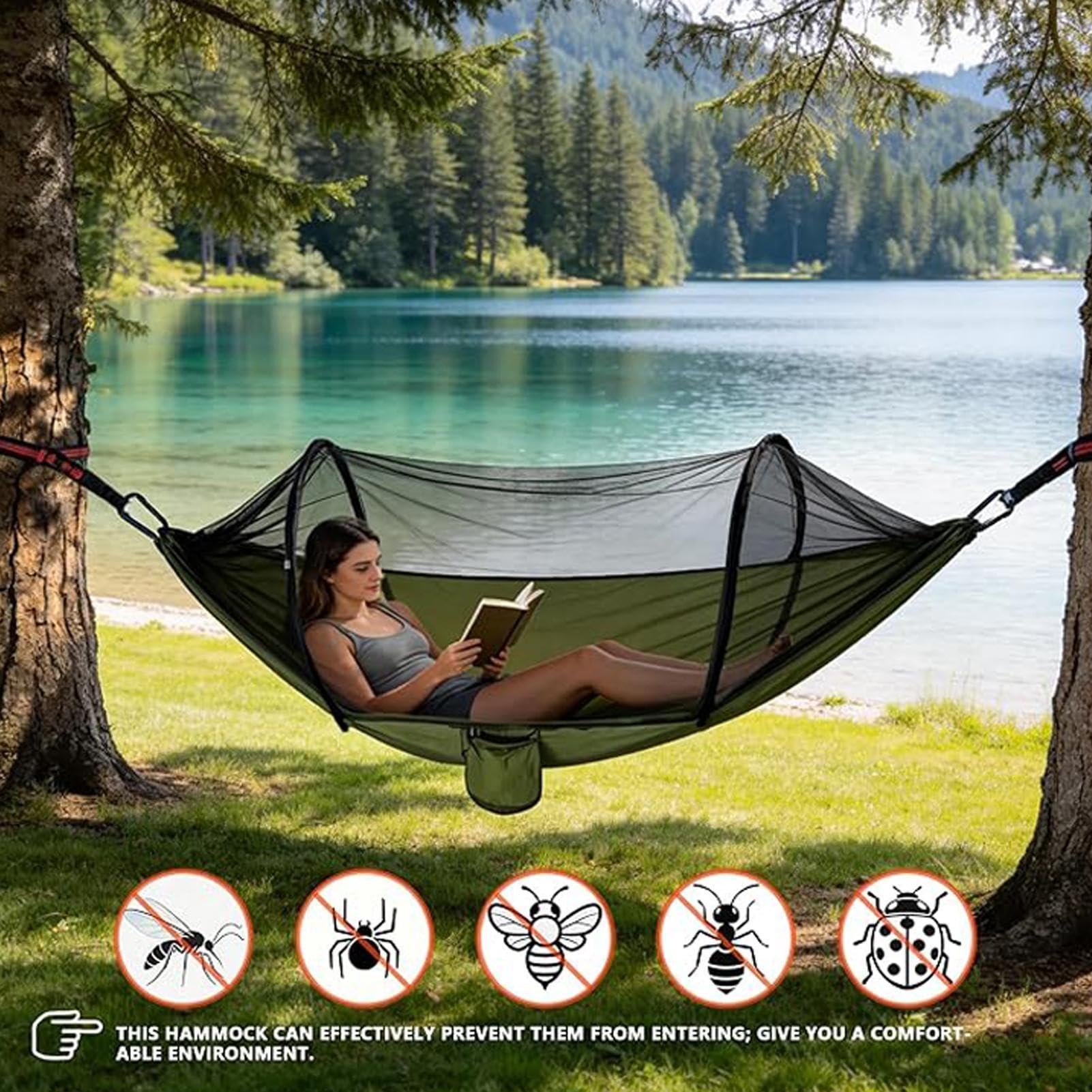 Amaca Tenda per Campeggio per 2 Persone con Cinghie per Alberi | Amaca Tenda da 226 kg con Zanzariera per Escursionismo Trekking Viaggi Outdoor Giardino Spiaggia Cortile Balcone
