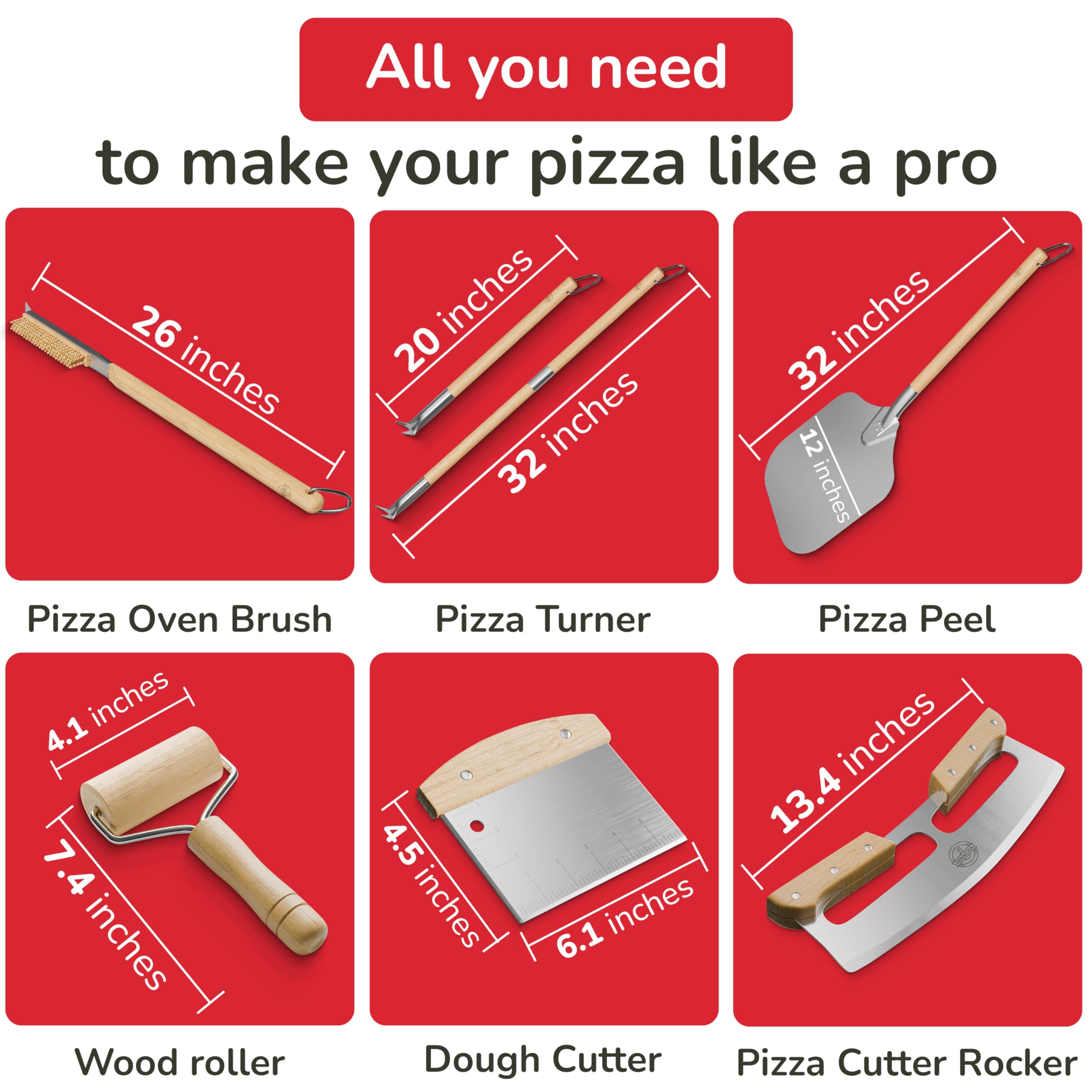 Senwosa Kit de accesorios para horno de pizza de alta calidad, juego de 6 piezas para hacer pizza en casa: incluye pala de pizza, cepillo para horno, volteador de burbujas, cortador basculante